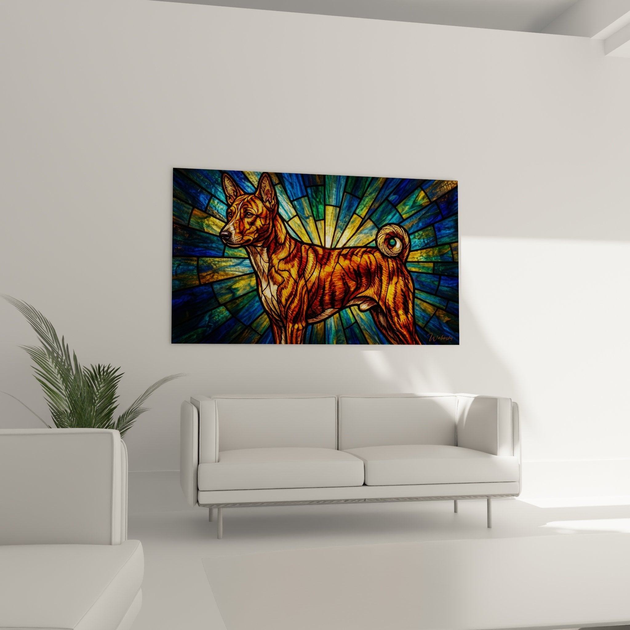 Basenji red dog stained glass geometric detail golden reflections luminous texture mystical art close-up