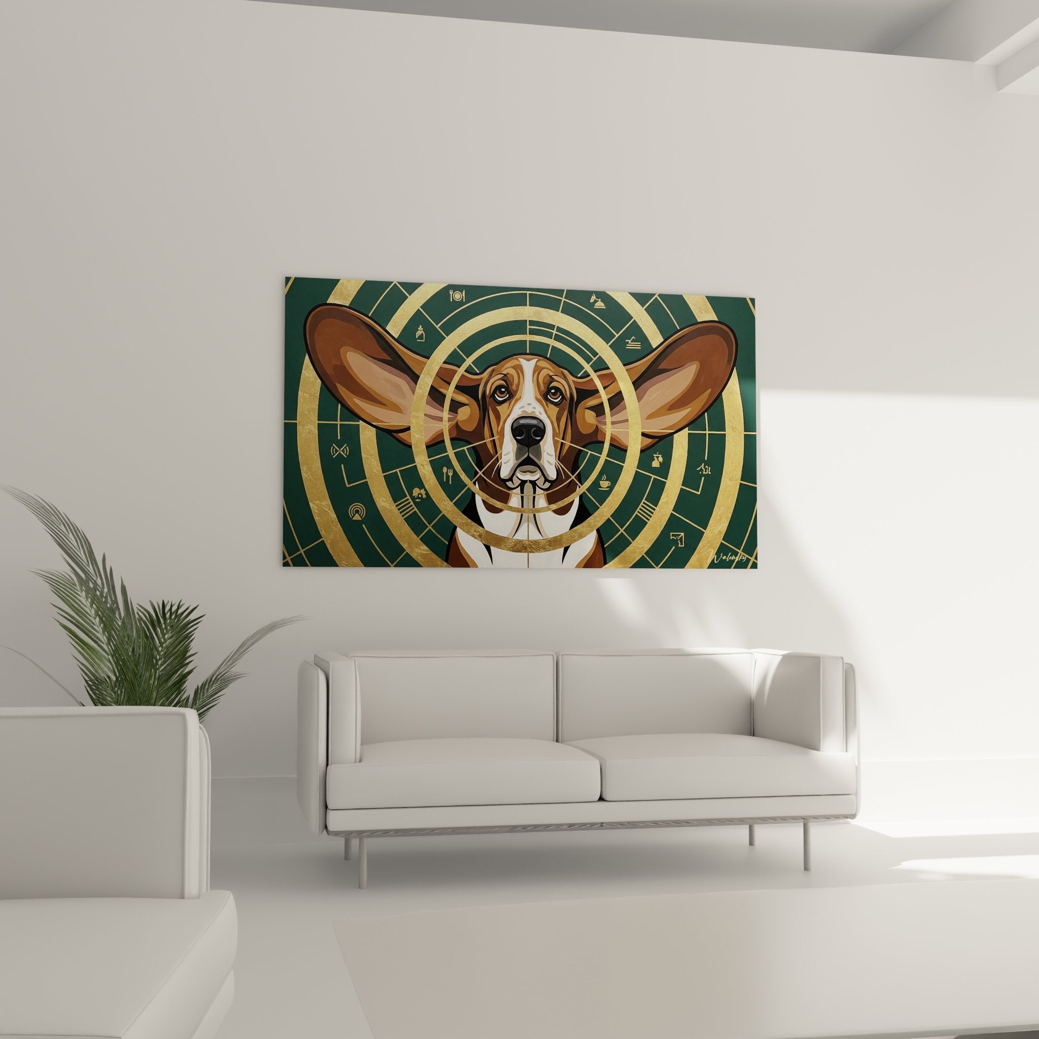 Détail rapproché tableau Basset Hound montrant cercles dorés et motifs ésotériques sur fond émeraude