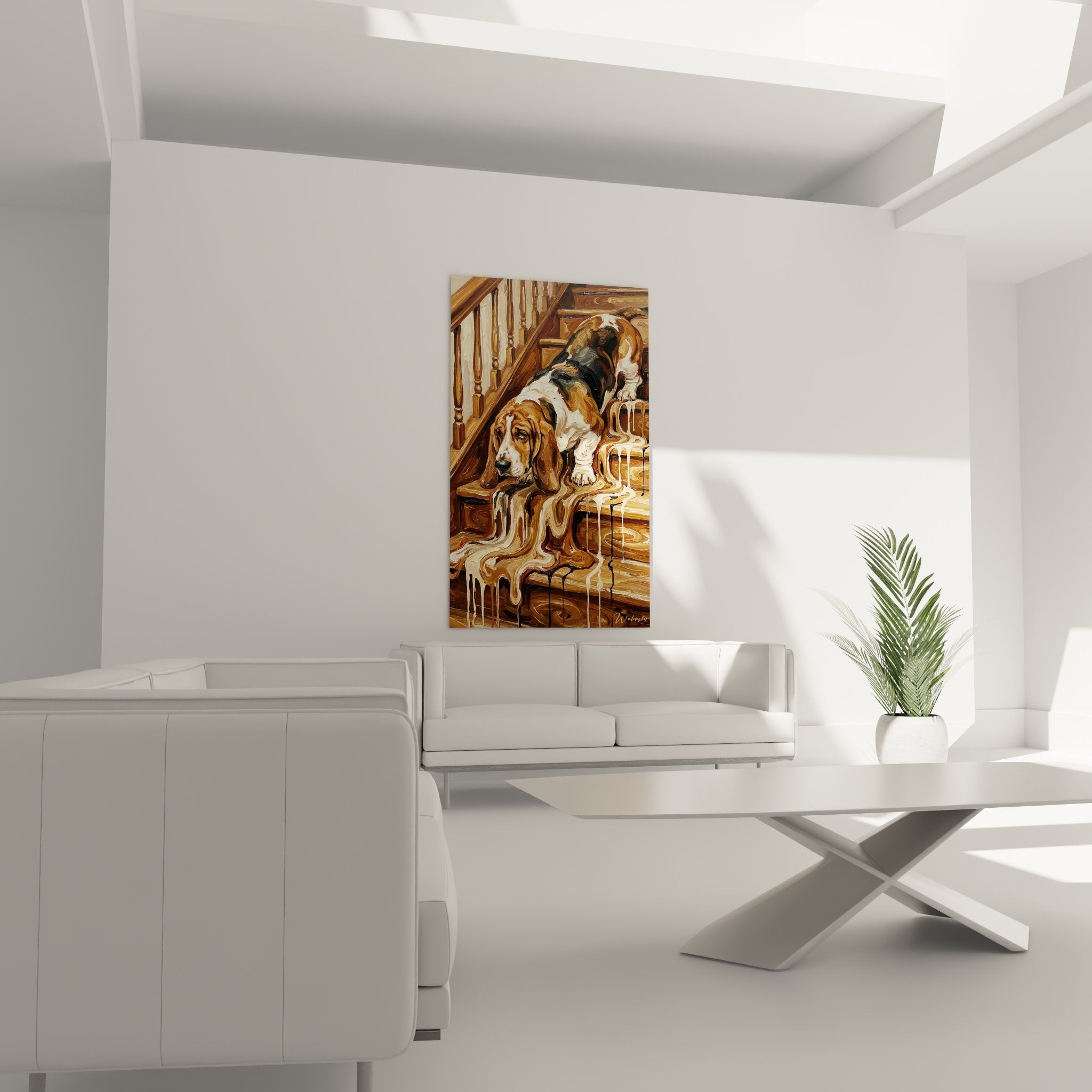 Detail tableau basset hound effet peinture liquide coulures ambre sur marches bois sculpte