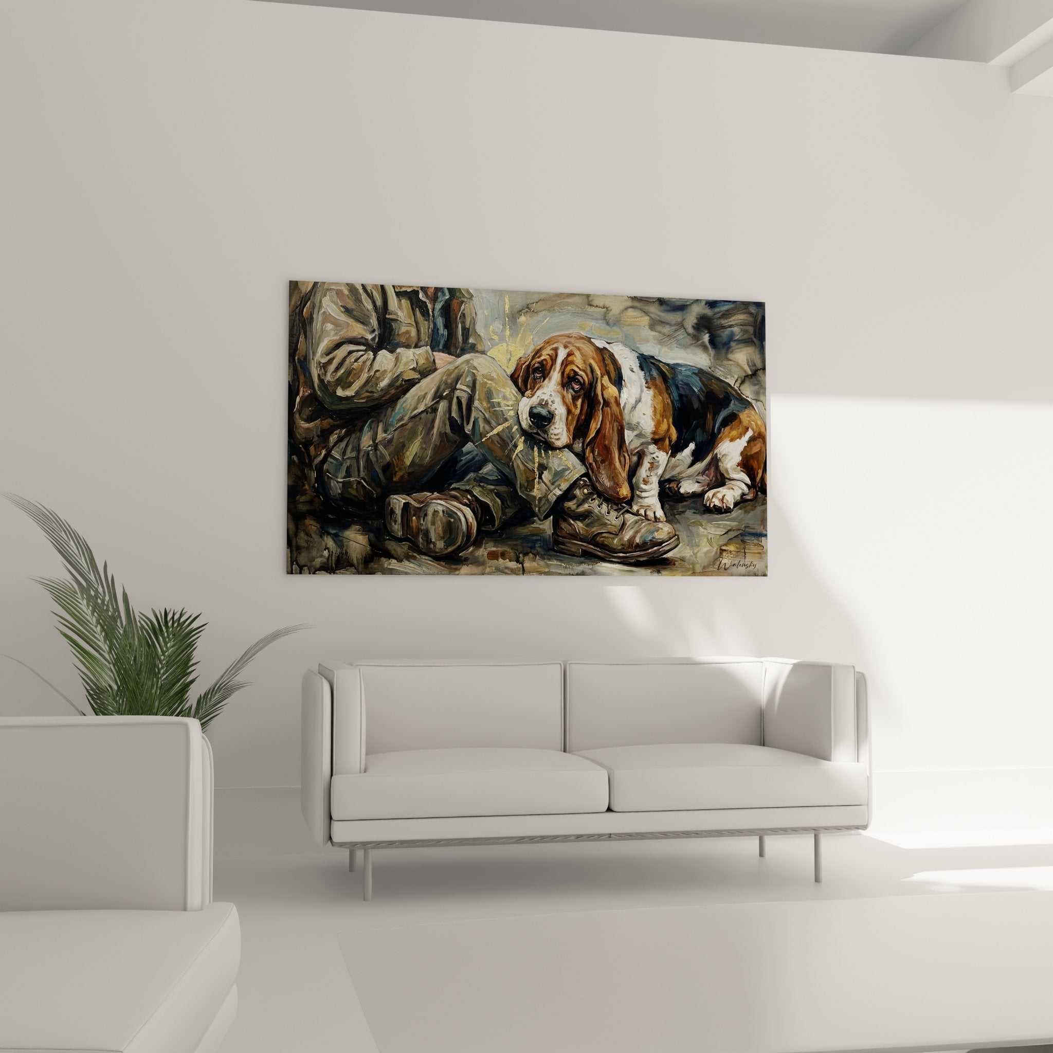 Détail du regard mélancolique du Basset Hound et de son pelage brun blanc aux reflets dorés