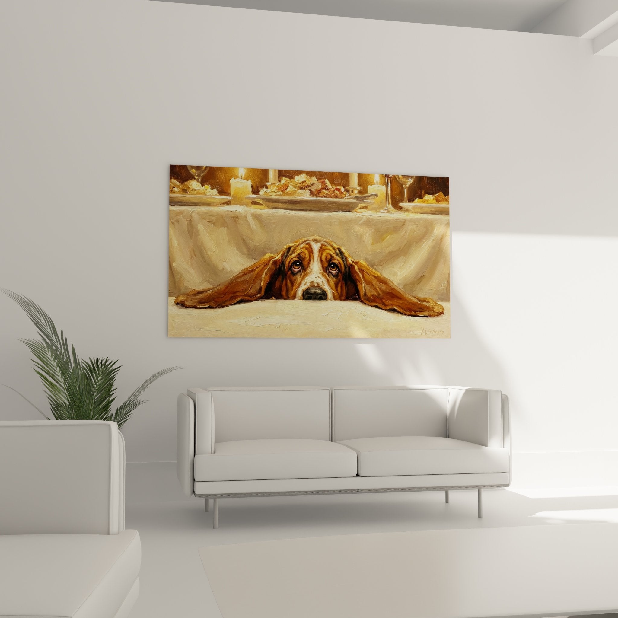 Détail peinture Basset Hound regard expressif technique picturale tons chauds