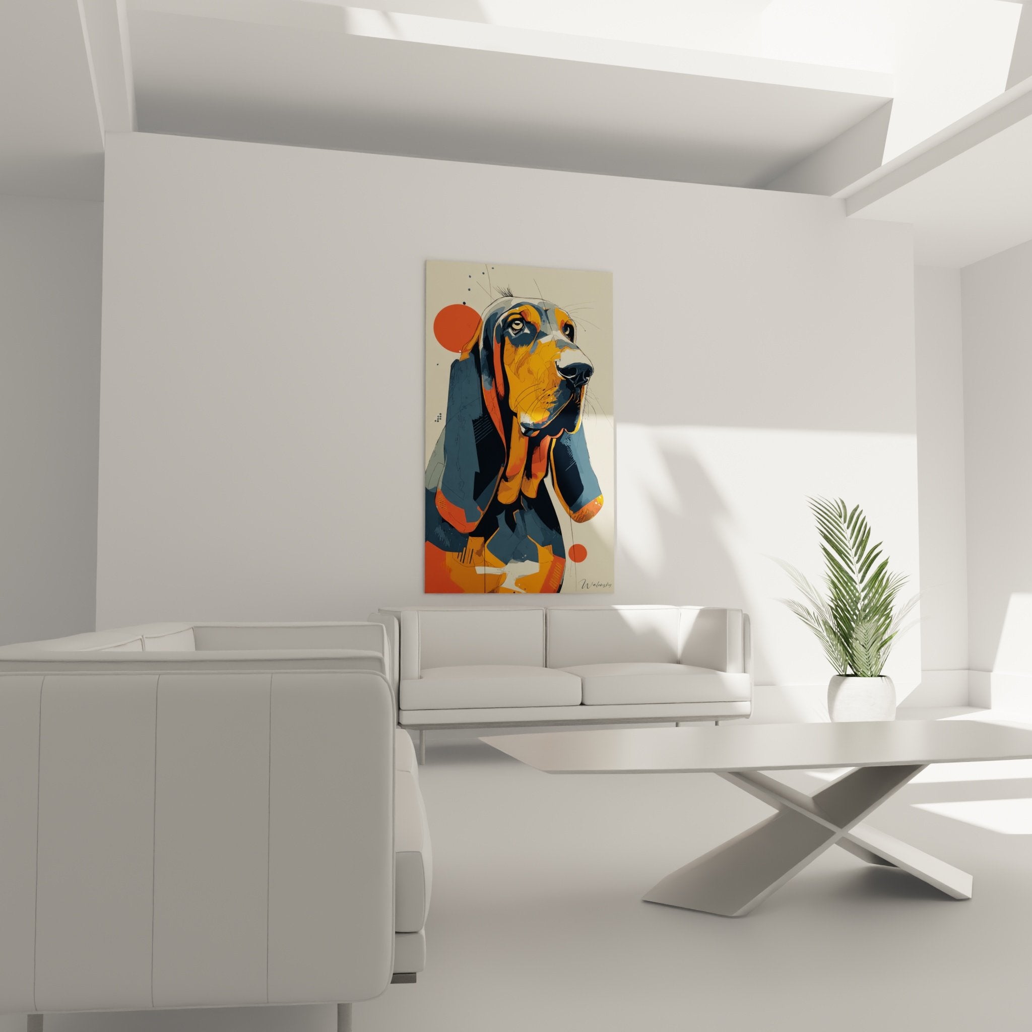 Detail portrait Basset Hound yeux expressifs orange bleu peinture contemporaine Bloodhound