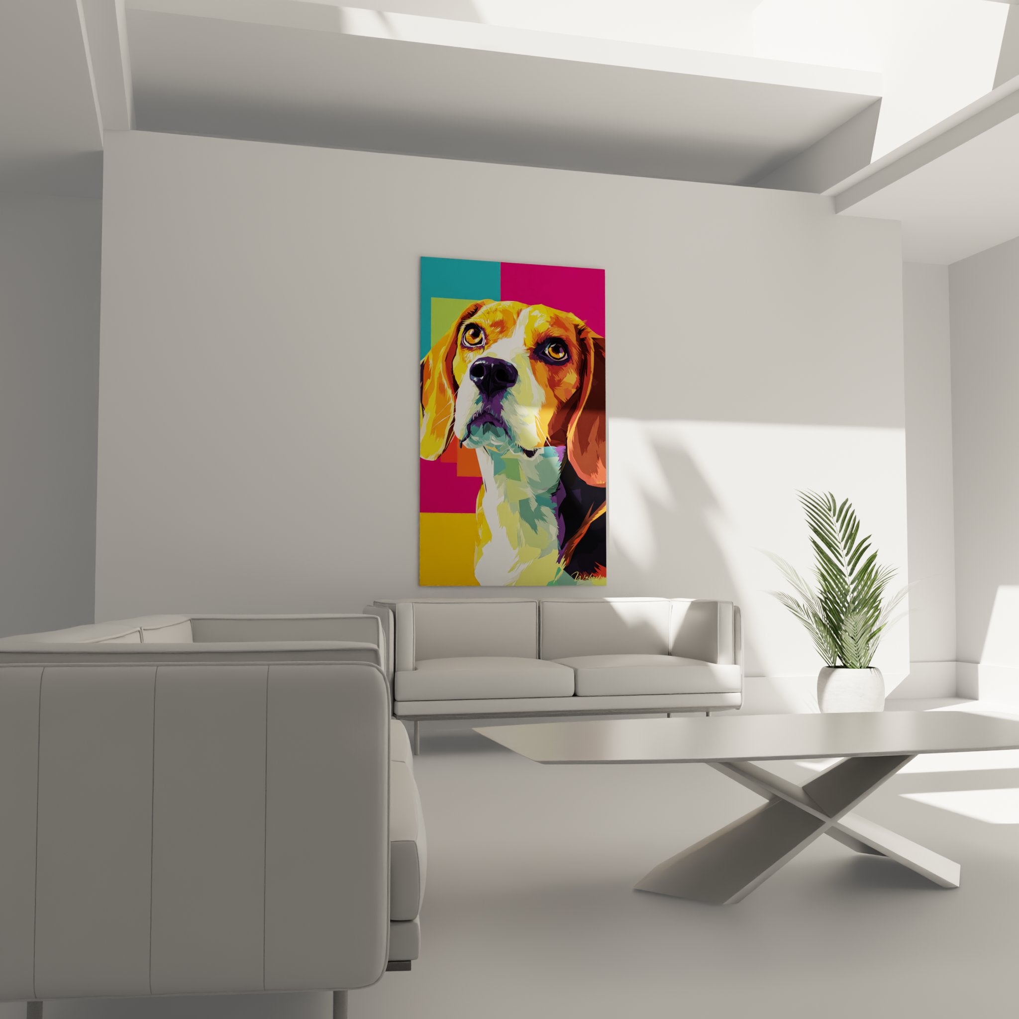 Detailansicht Porträt Beagle Pop Art goldene Augen weißer Fang geometrischer Hintergrund leuchtende Farben Türkis Rosa
