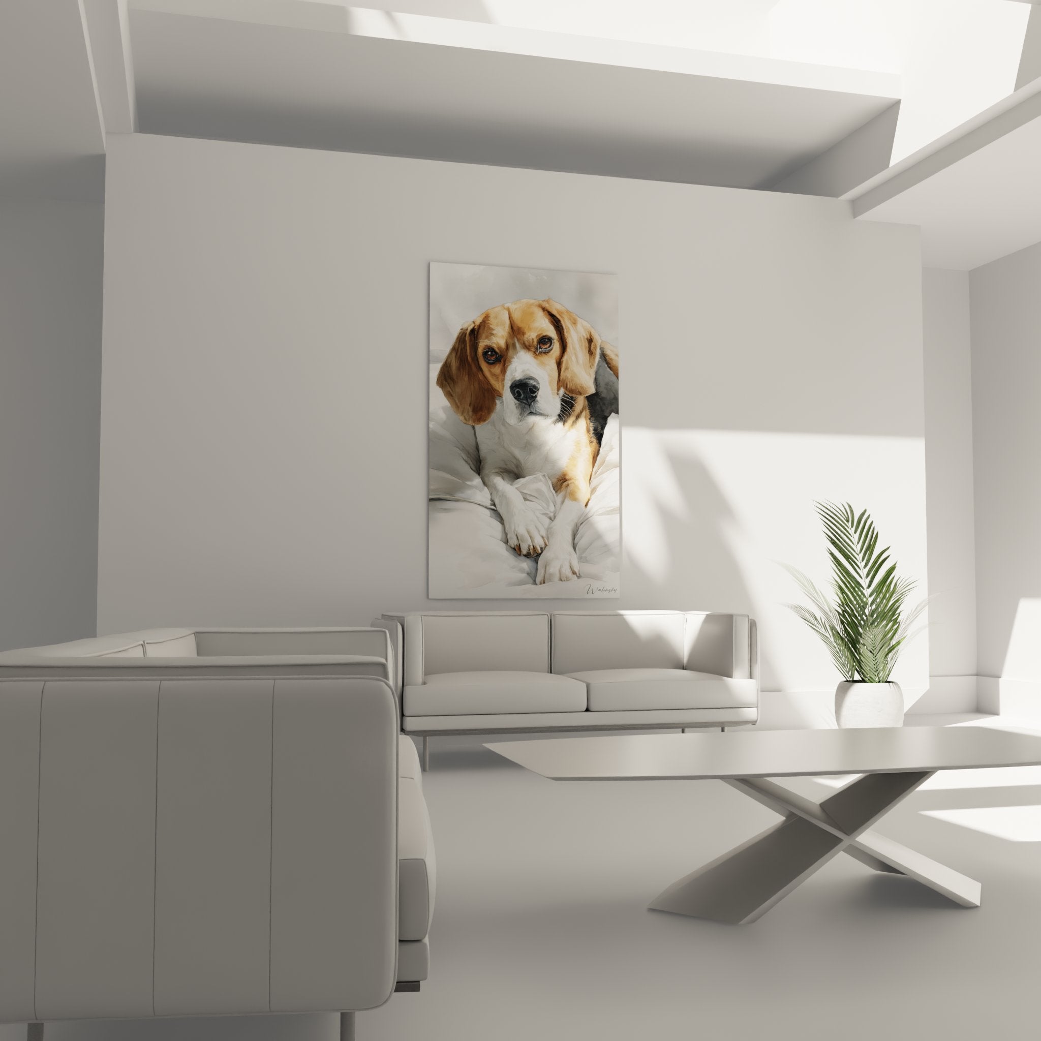 Detail Beagle-Gemälde mit ausdrucksstarken Augen, dreifarbiges Fell in Ocker, Beige und Schwarz, realistische Textur