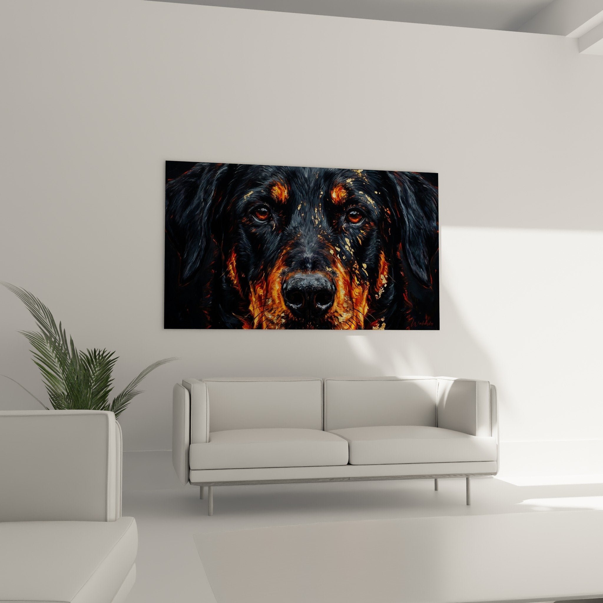 Détail portrait Beauceron yeux ambrés, reflets cuivrés sur pelage noir, technique picturale riche