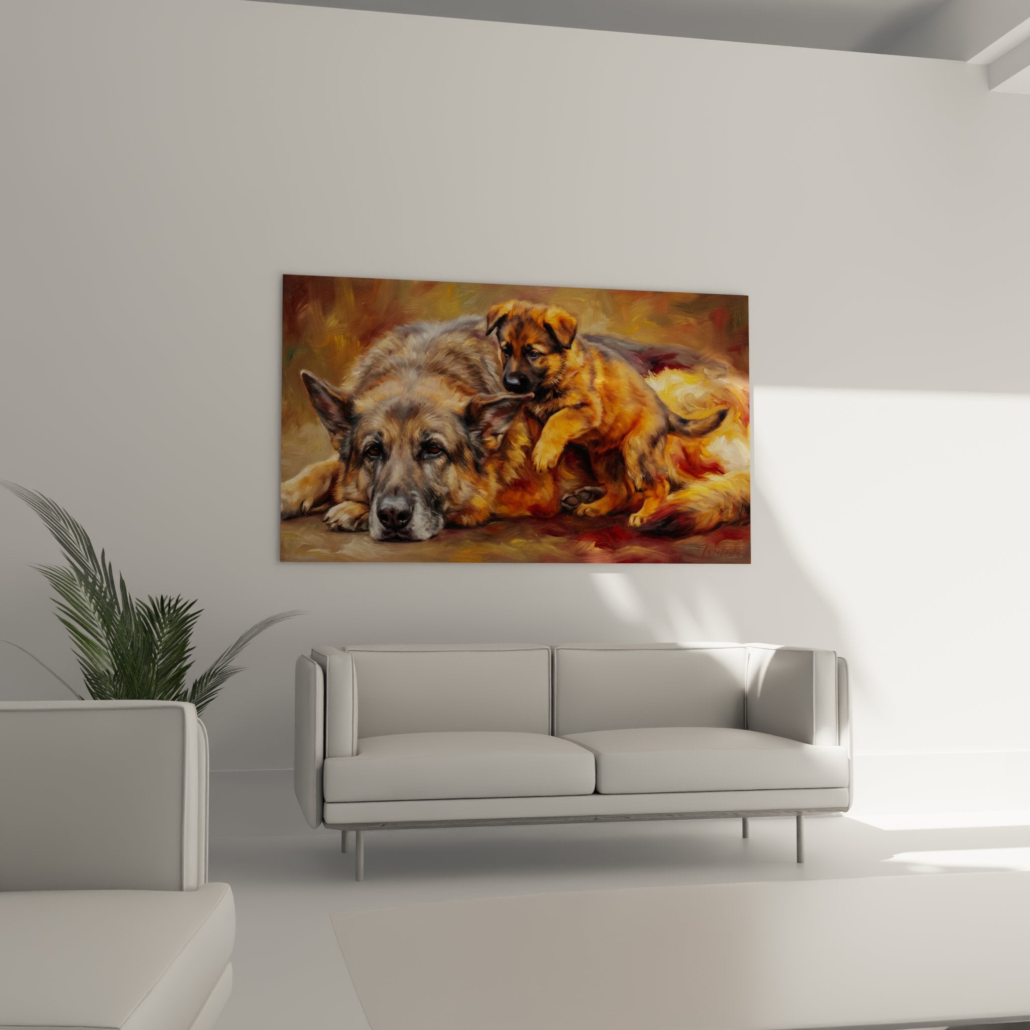 detail peinture berger allemand chiot texture poils coups pinceau impressionniste