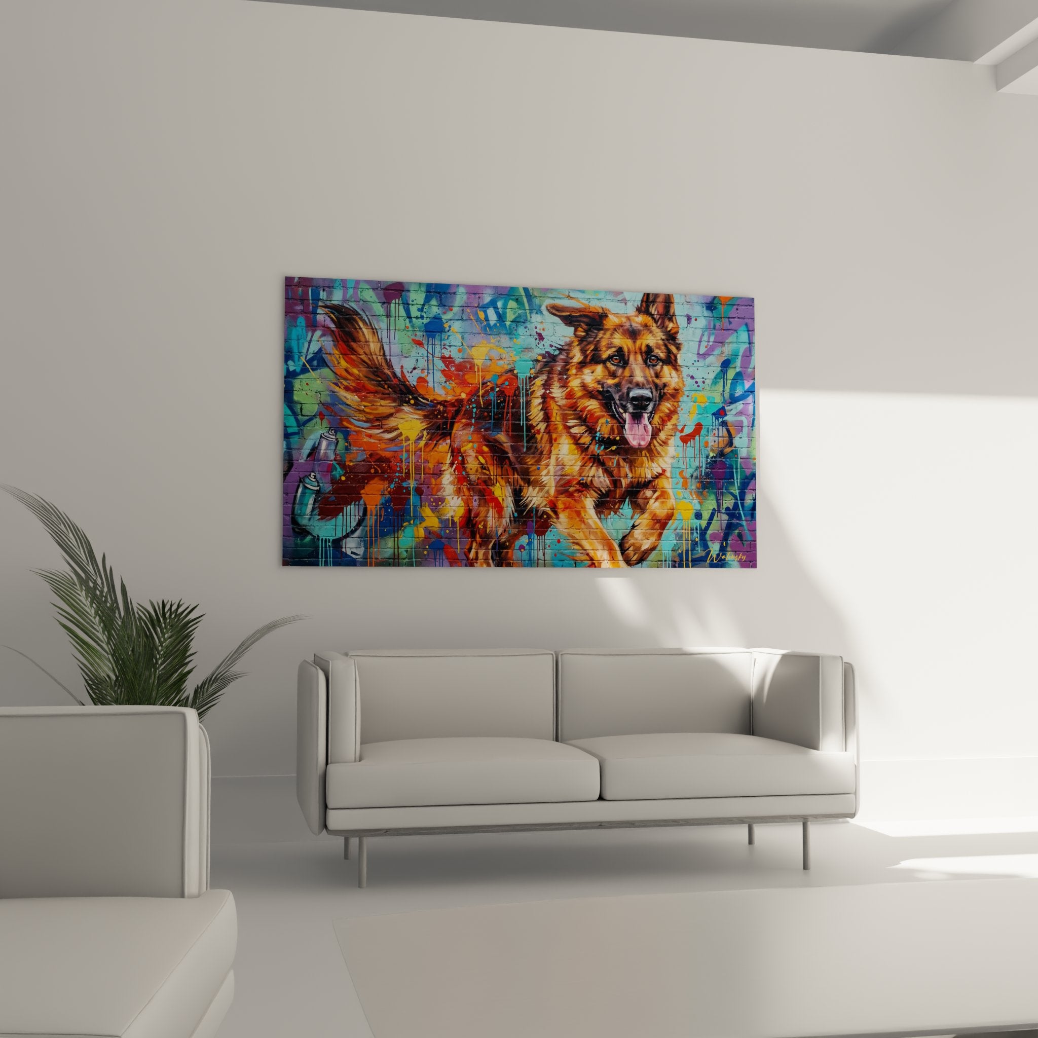 Detailaufnahme des deutschen Hirten Gemäldes realistische Malerei Orange Blau Spritzer Urban Art