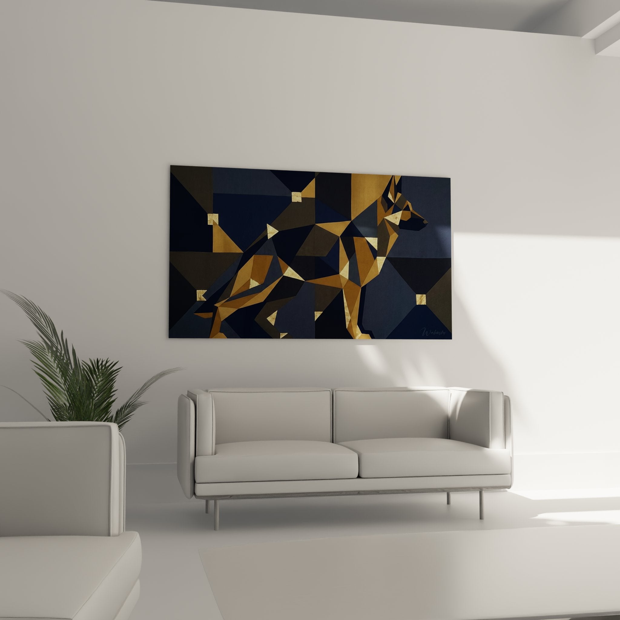 Dettaglio sfaccettature dorate quadro pastore tedesco poligonale arte geometrica moderna