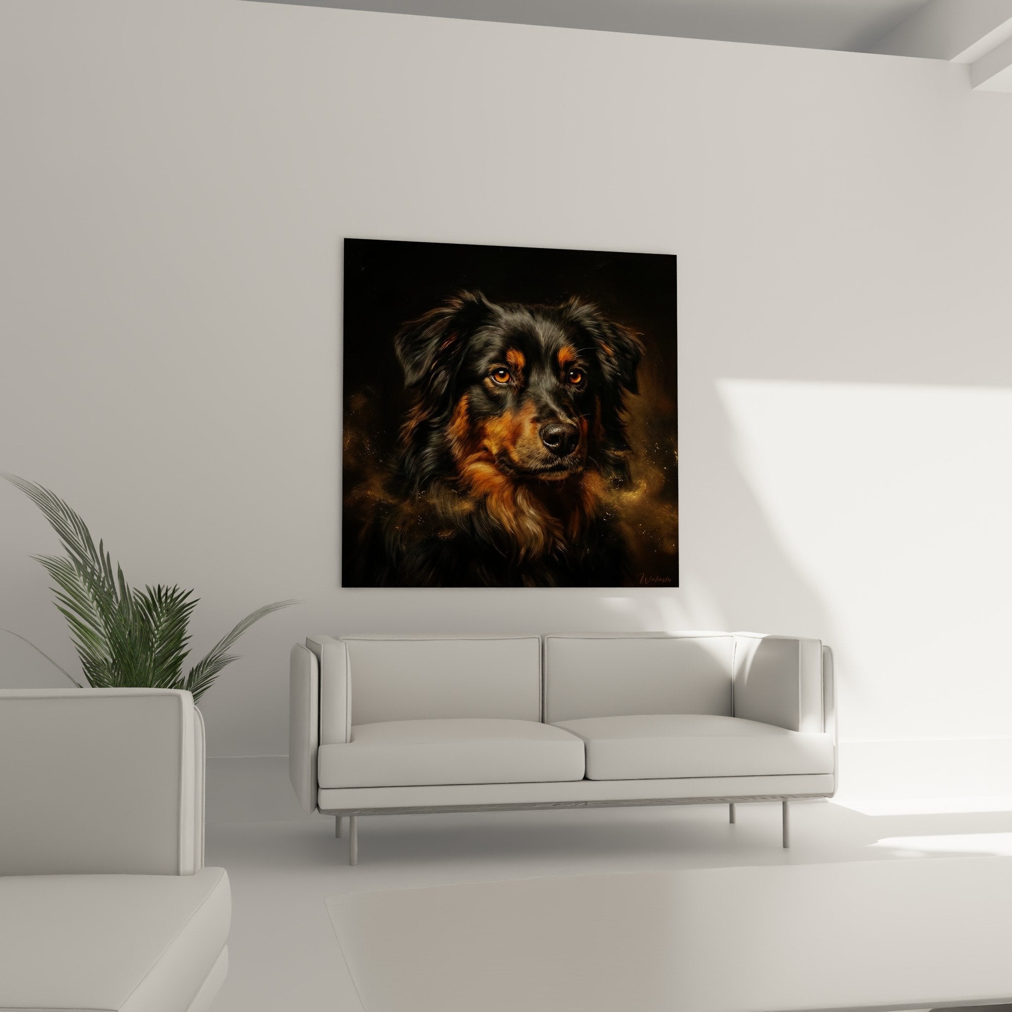 Gros plan tableau Berger Americain Miniature details pelage cuivre reflets dores peinture realiste