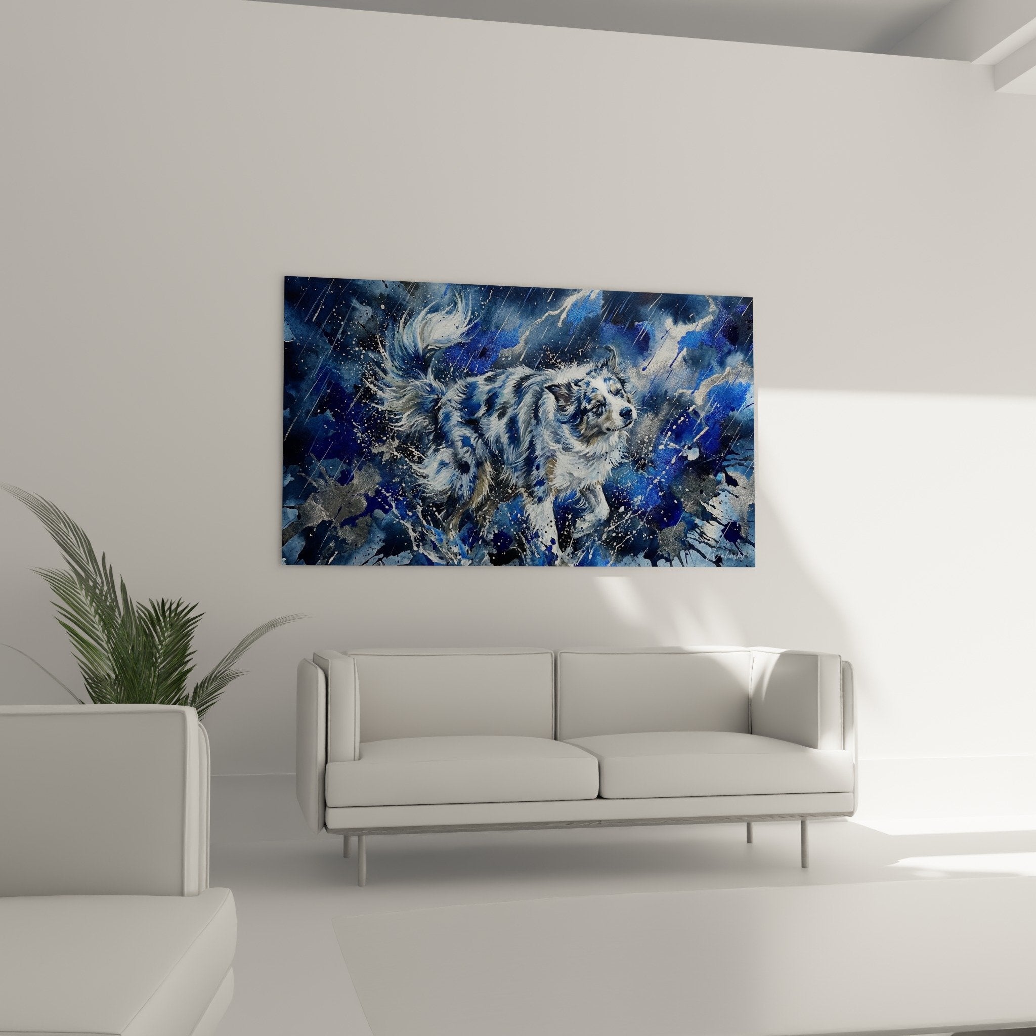 Détail peinture berger americain miniature pelage tricolore technique expressionniste coulures bleues