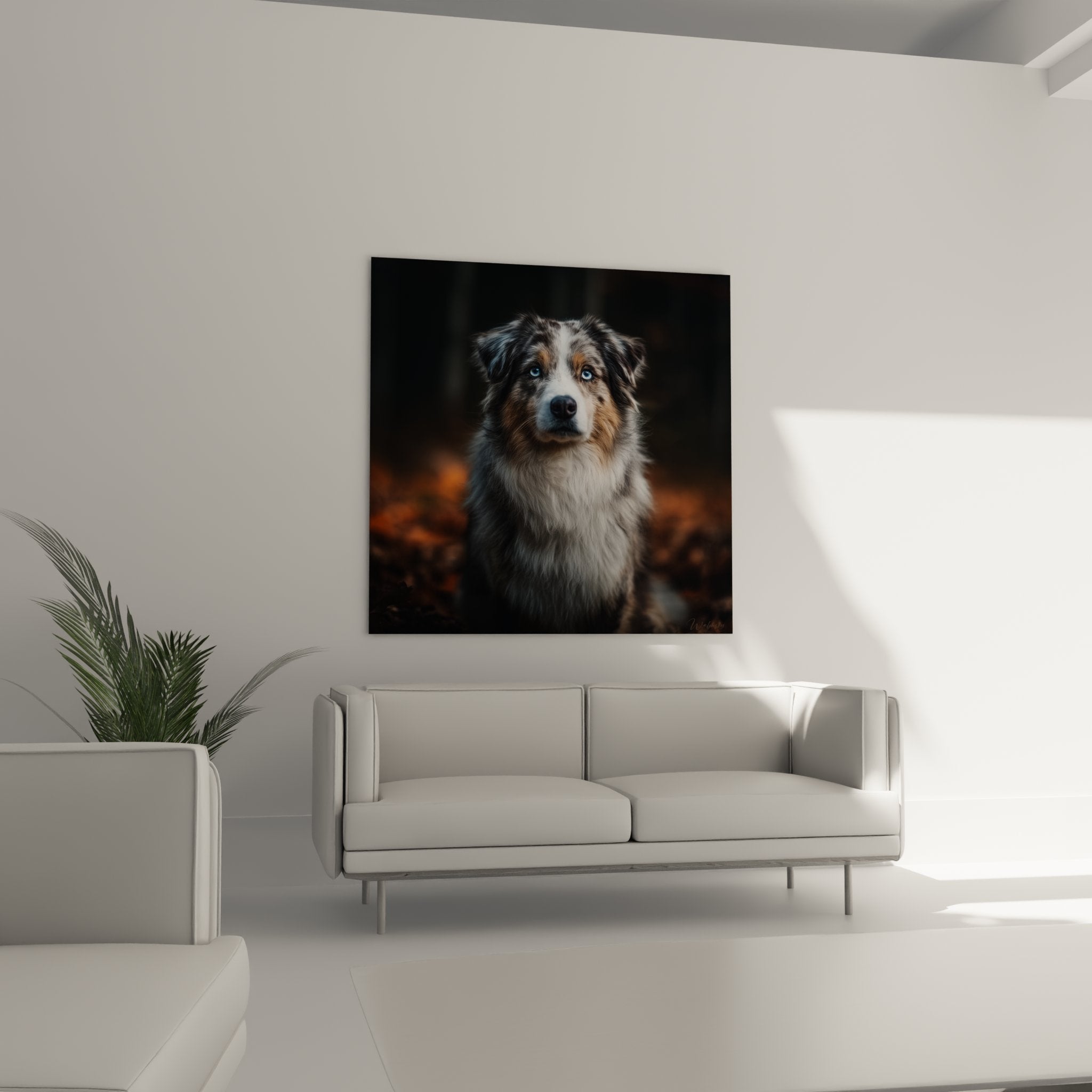 dettaglio pastore australiano occhi blu mantello merle texture pelo lungo sfumature grigie