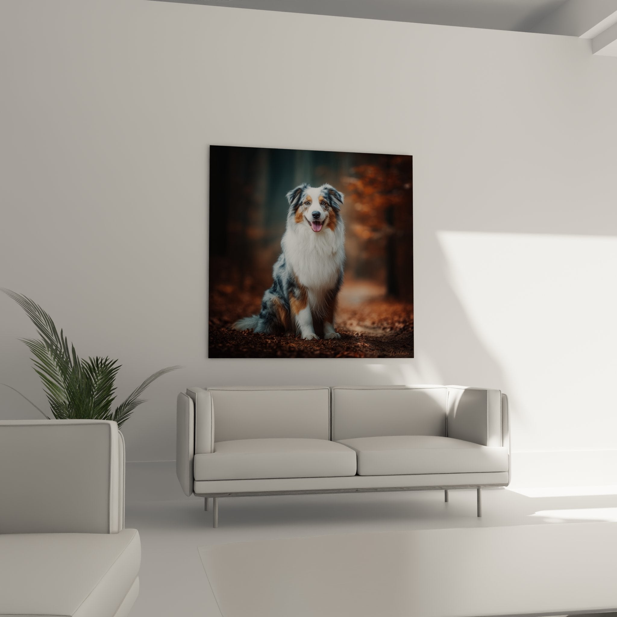 Australian Shepherd merle portrait detail, focus on expressive amber gaze and tricolor white-gray-fawn coat