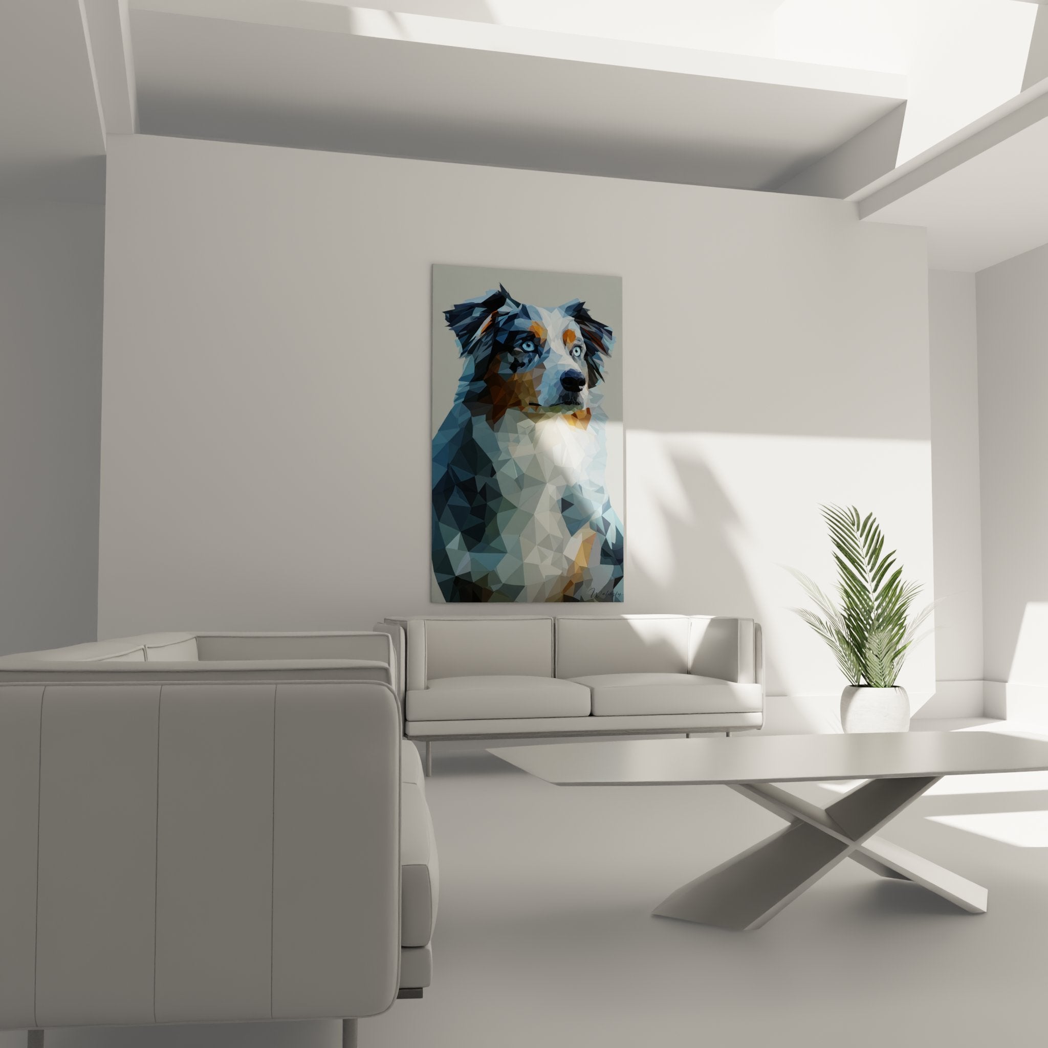 detail portrait berger australien polygones yeux bleus technique geometrique moderne art animalier contemporain