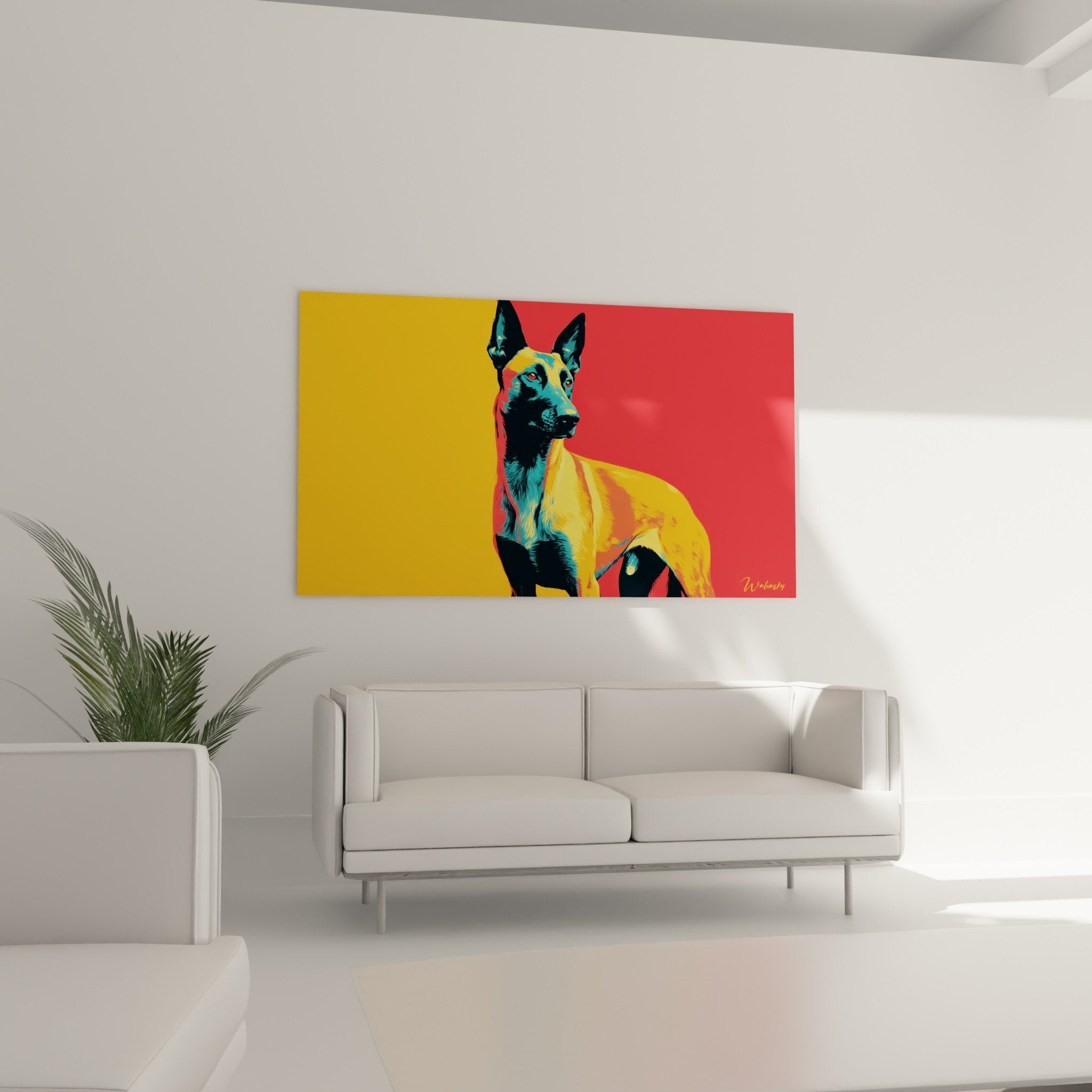 Detail of colorful portrait showing turquoise and orange hues of the Belgian Malinois Shepherd's coat