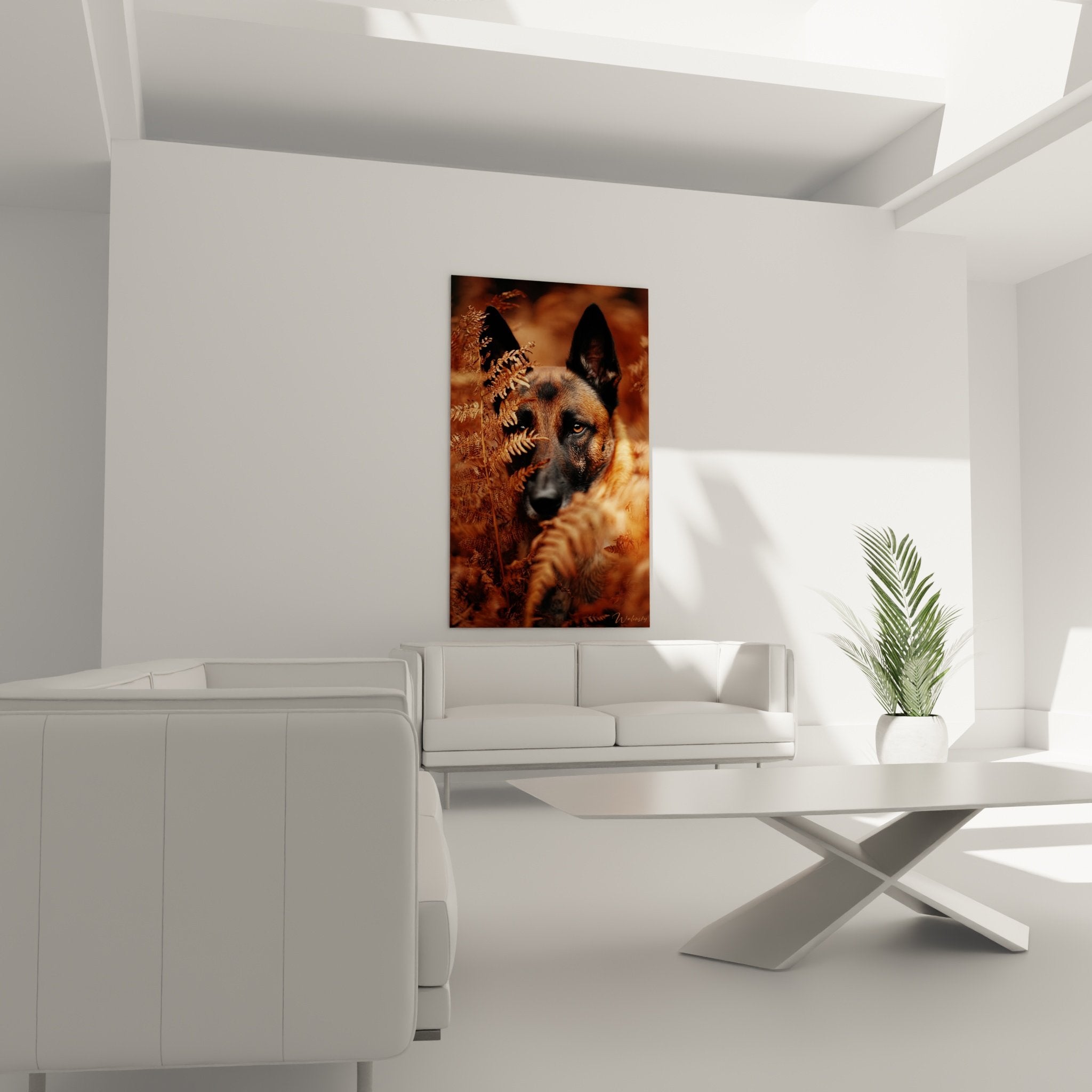 Detailporträt Belgischer Schäferhund Malinois mit kupferfarbenen Farnen, pflanzliche Textur, goldene Reflexe in gedämpftem Licht