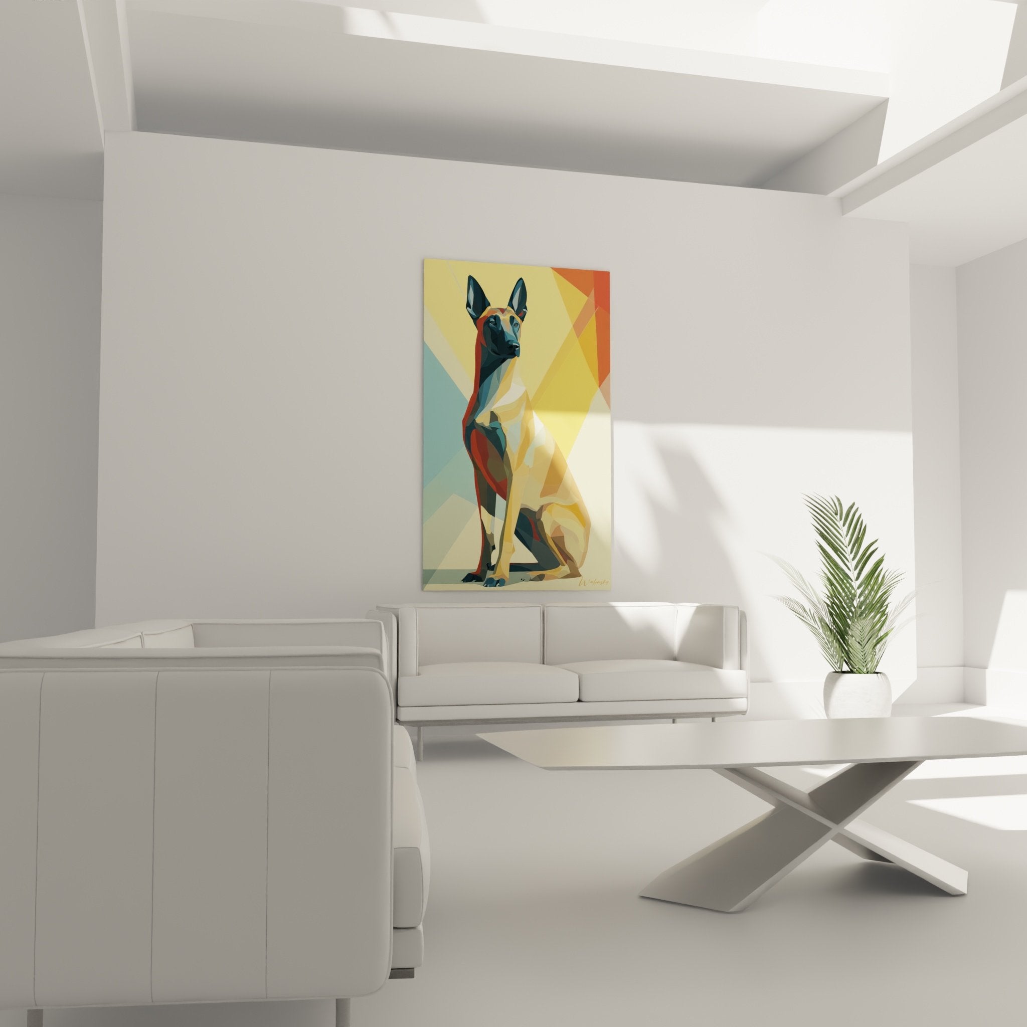 belgian malinois shepherd dog geometric polygonal faceted detail painting gold blue colors