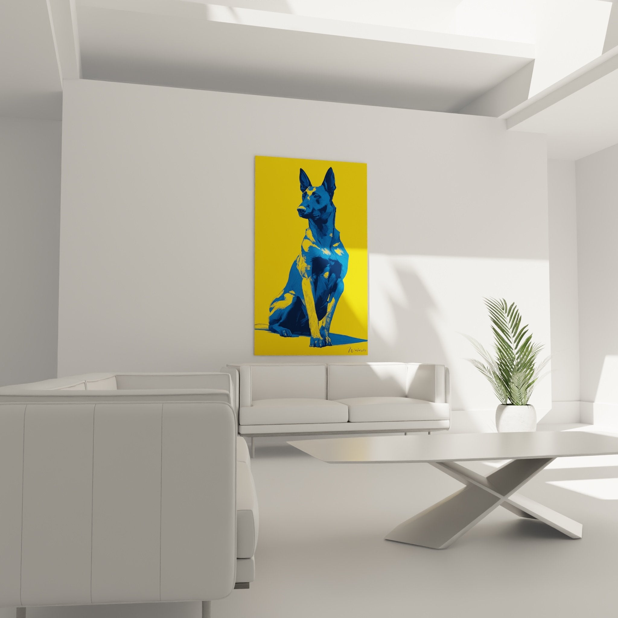 Détail portrait Berger Belge Malinois couleurs pop art bleu jaune technique picturale