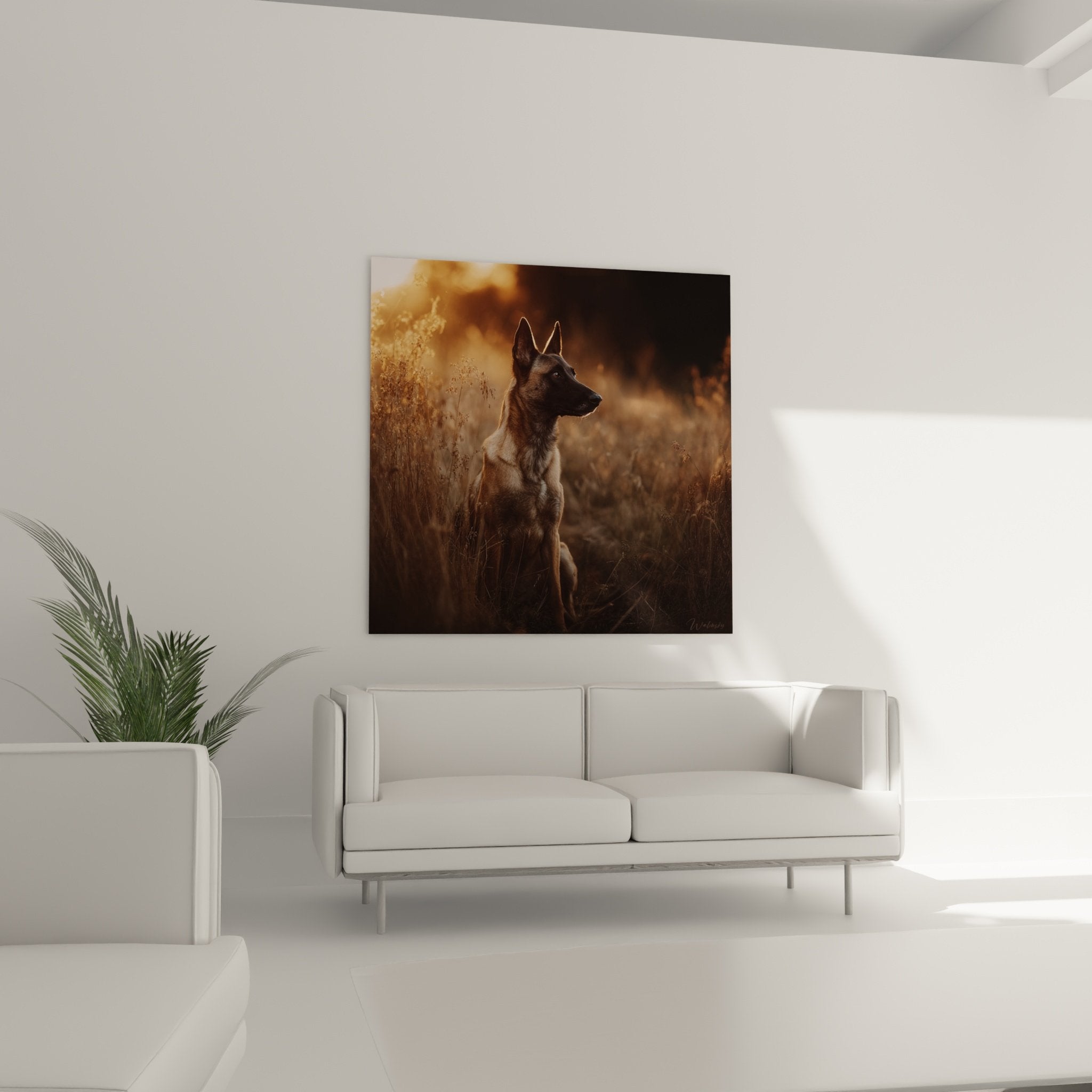 Belgian Malinois Shepherd dog portrait fawn black coat warm lighting prairie grass artistic texture detail
