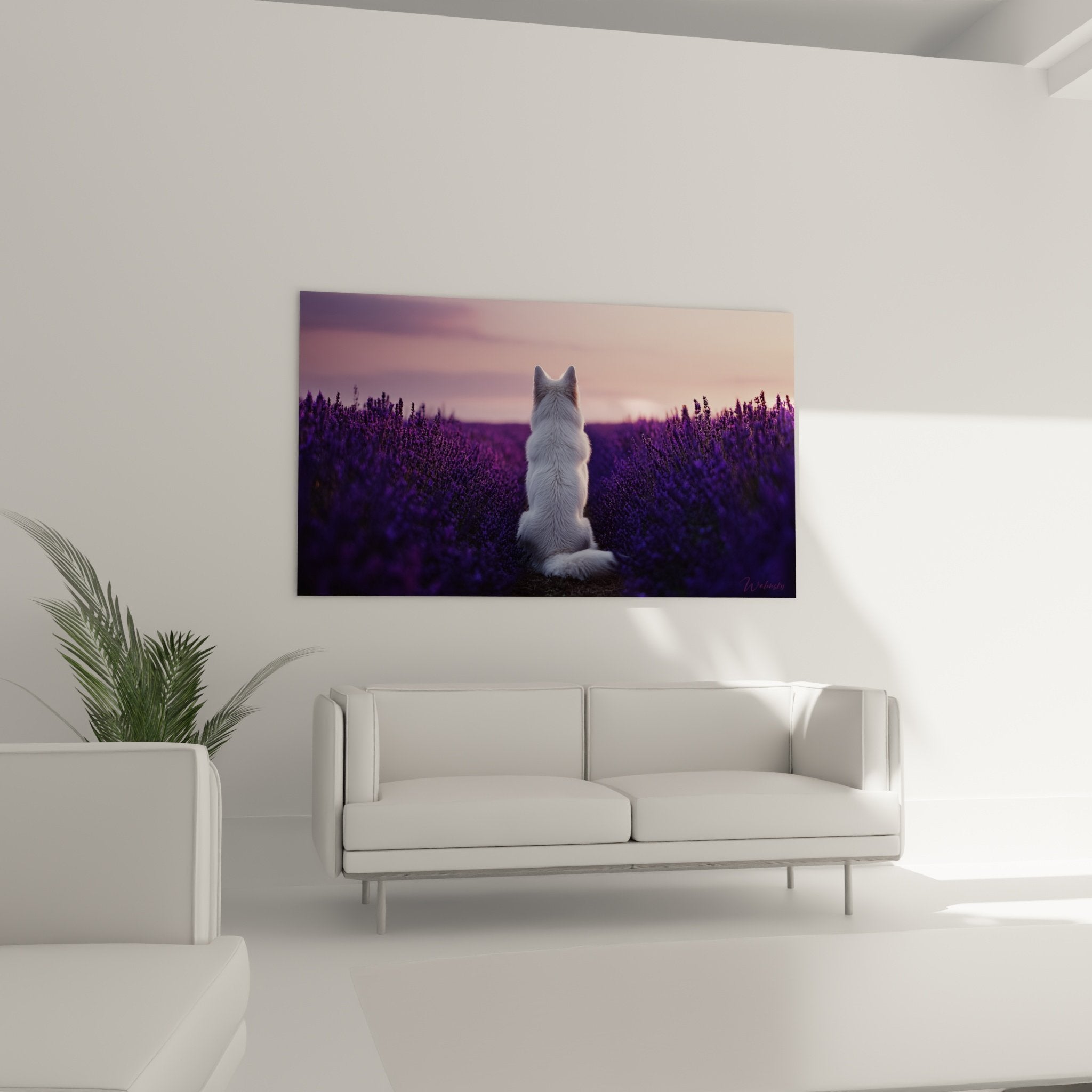 Détail rapproché tableau chien blanc dans lavande violette texture toile impression haute qualité couleurs vives