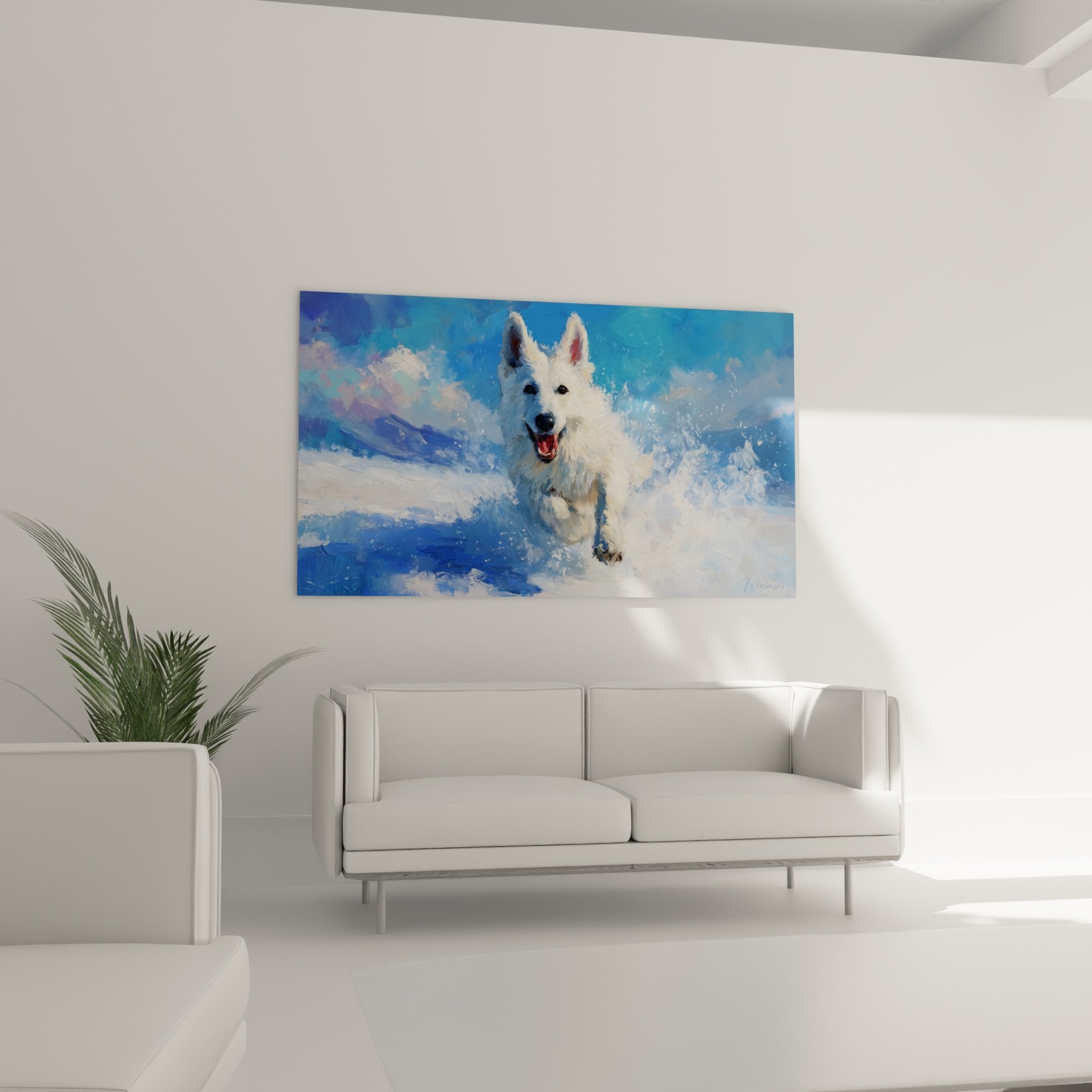 Detail peinture berger blanc suisse pelage blanc texture eau bleue eclaboussures cristallines art animalier