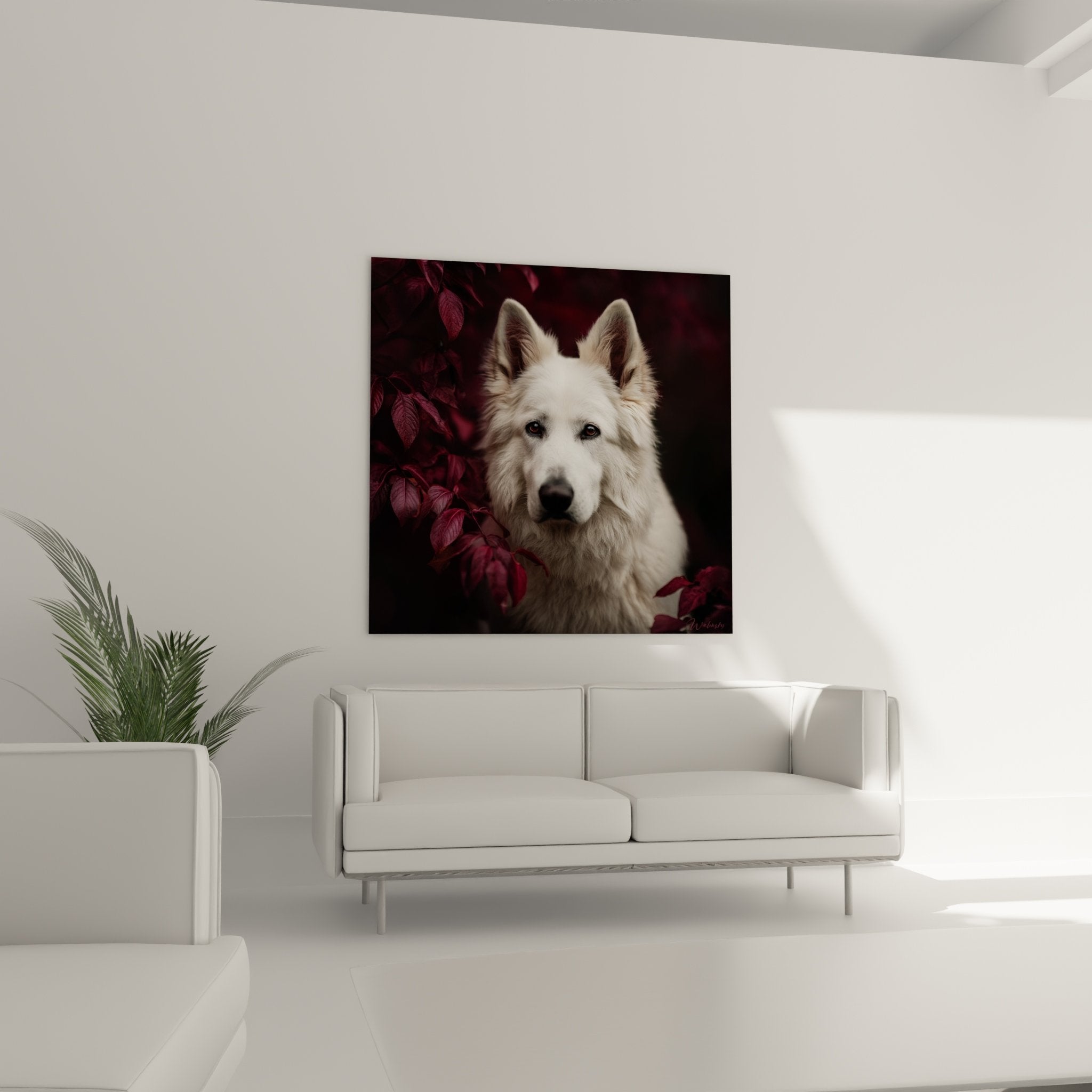 Détail portrait Berger Blanc Suisse pelage blanc et feuilles pourpres tableau artistique haute qualité