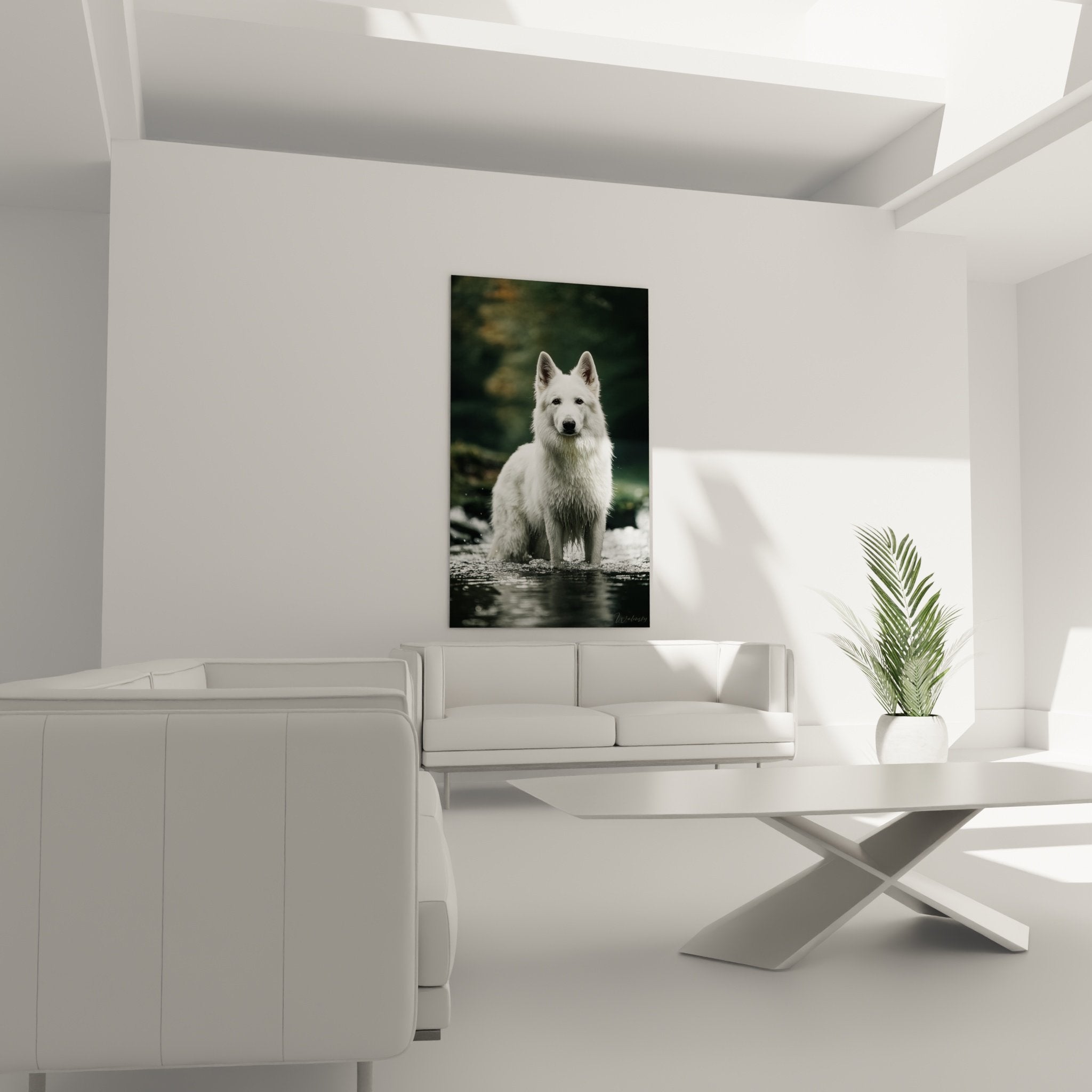 Detailporträt Weißer Schweizer Schäferhund weißes Fell Kontemplation - Nahaufnahme künstlerisches Wandbild