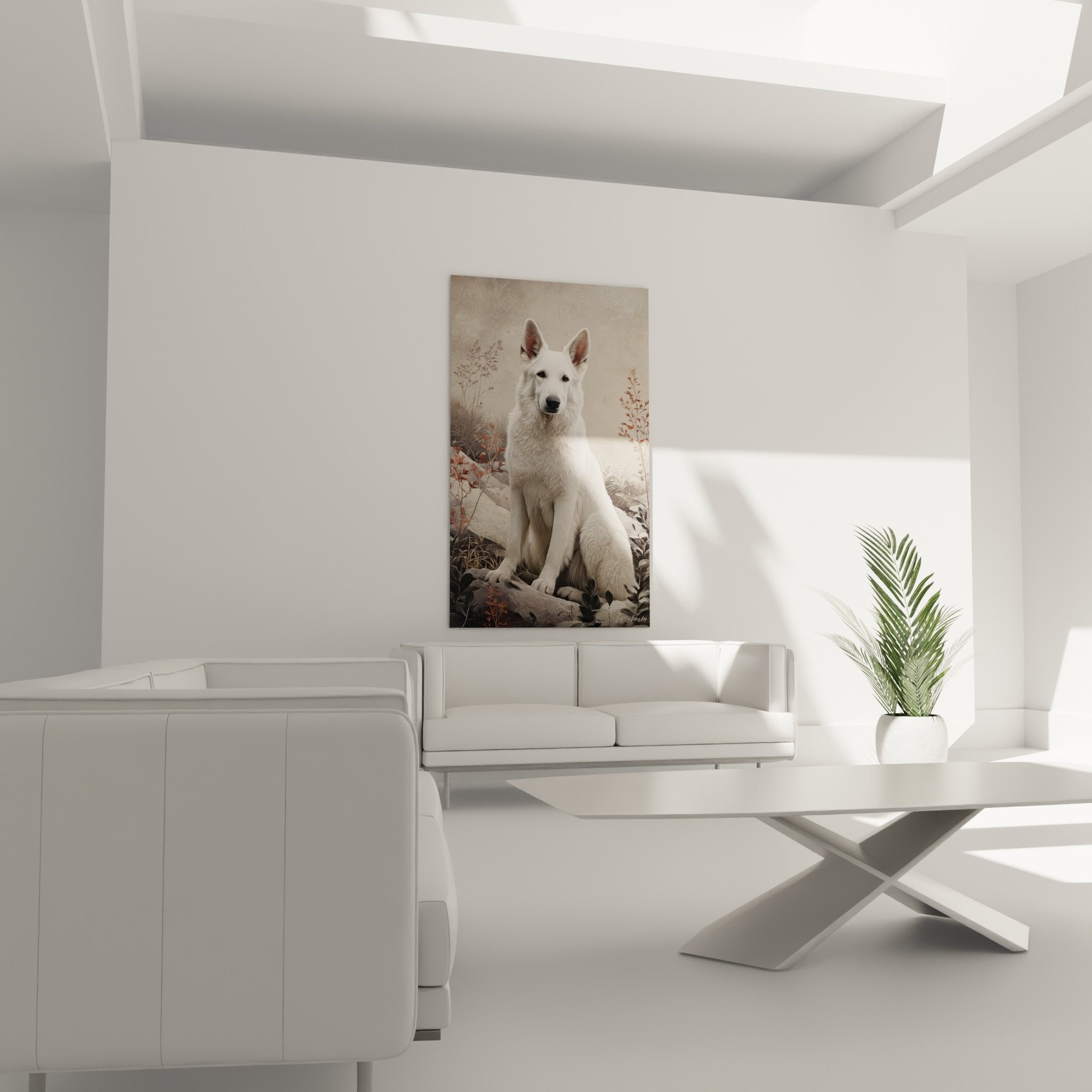 Detail pelage blanc berger suisse regard expressif yeux sombres art animalier realiste