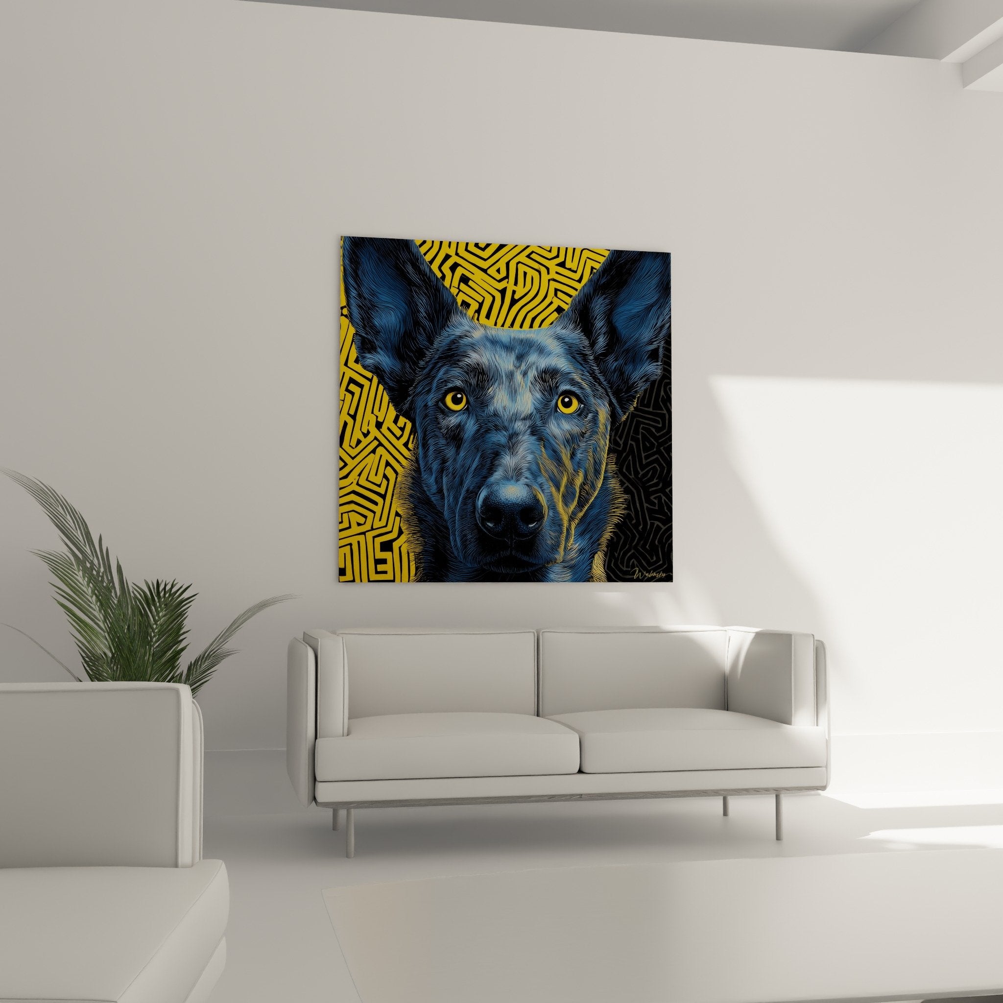 Détail rapproché portrait Berger Hollandais tons bleus regard doré intense motifs géométriques jaunes