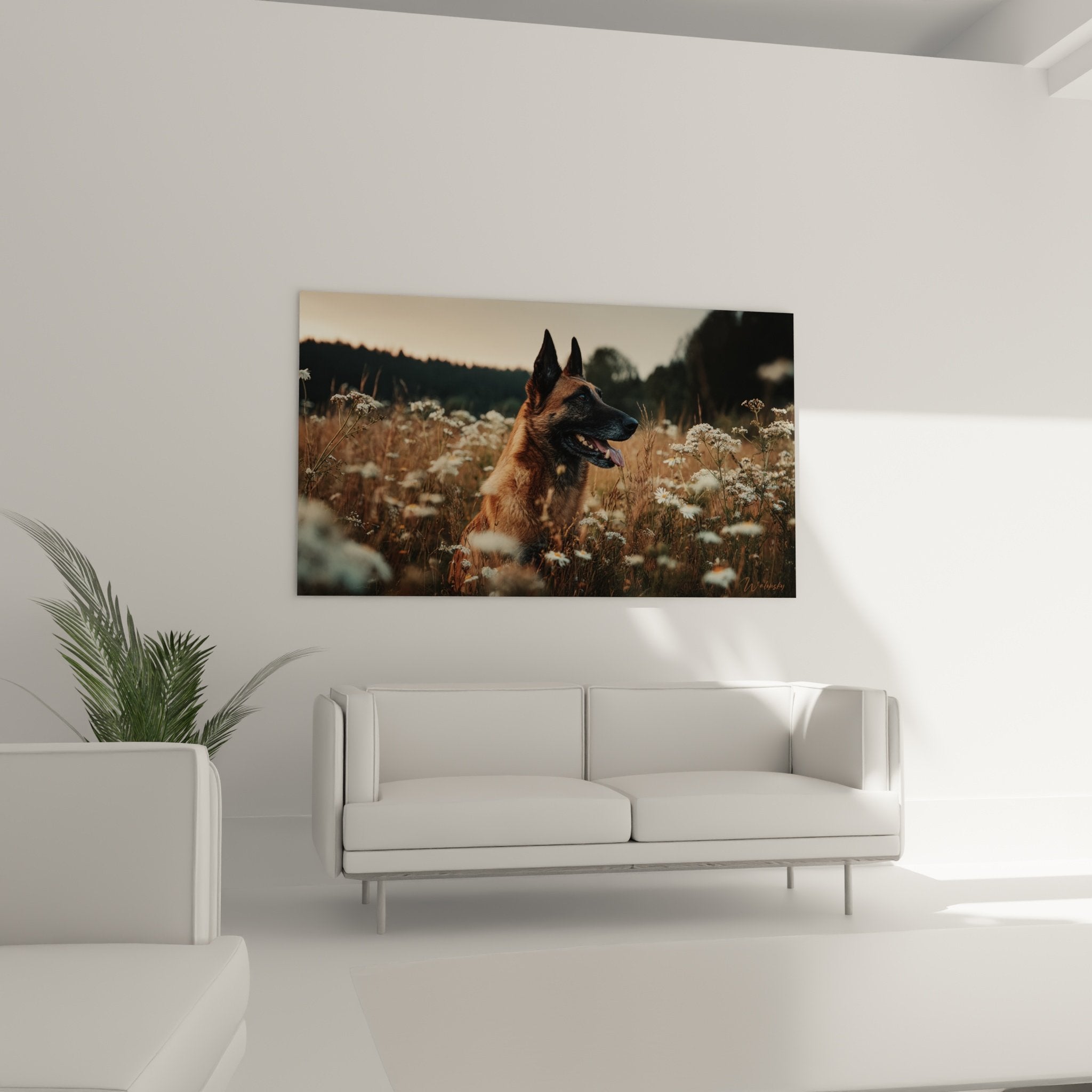 Gros plan berger belge malinois regard noble fleurs sauvages blanches lumiere doree detail tableau