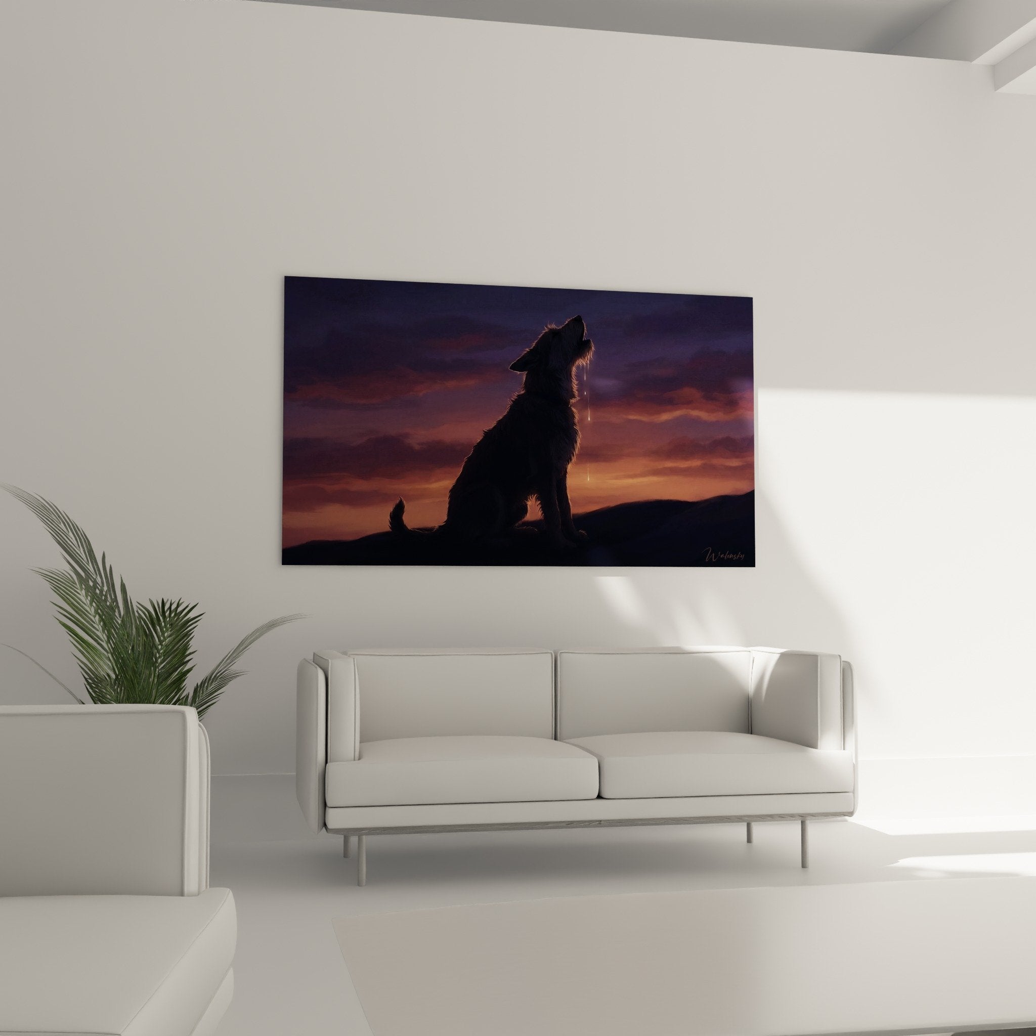 Detail tableau Berger Picard reflets dores fourrure lumiere crepusculaire silhouette chien hurlant