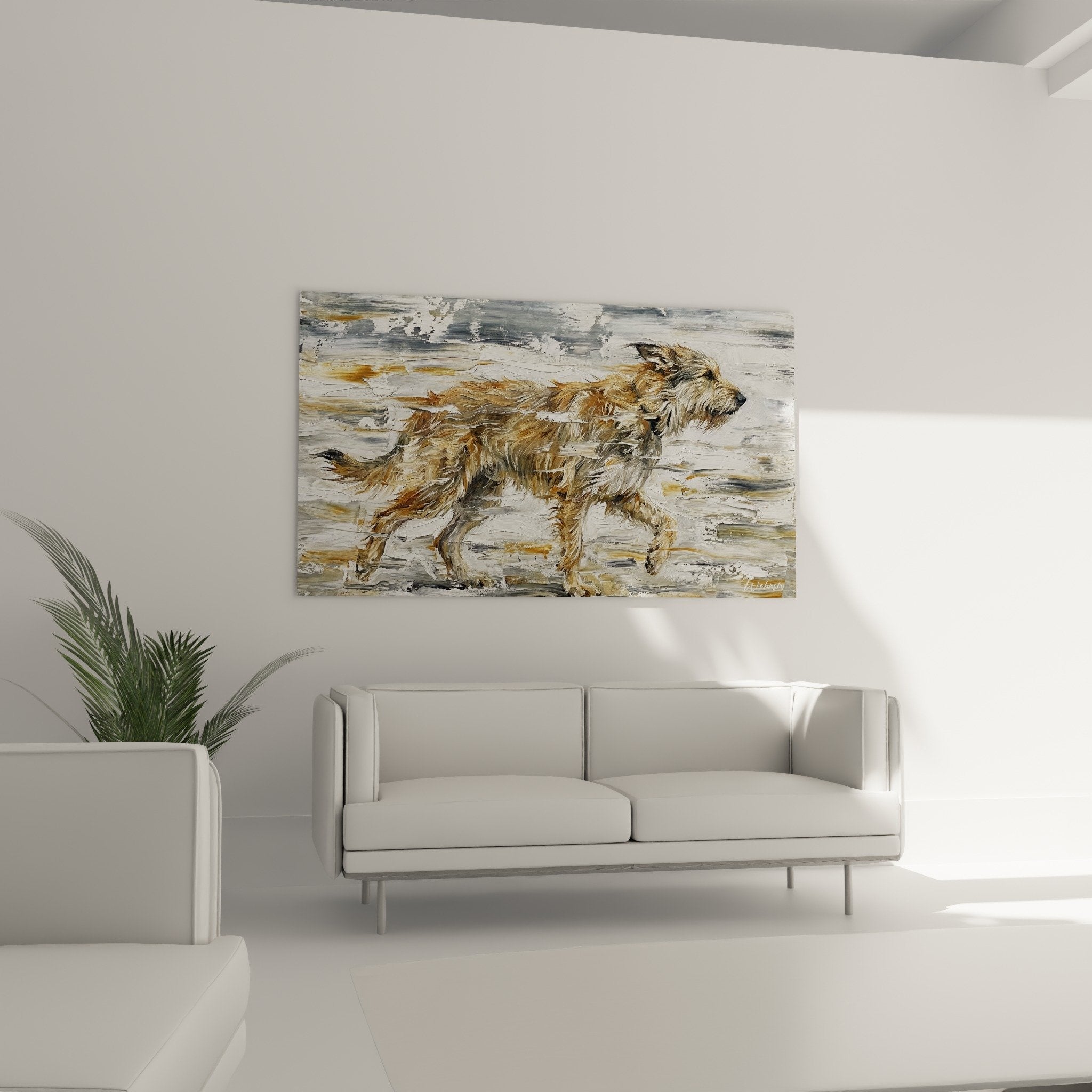 Sheepdog painting brush detail golden hair texture water movement splashes