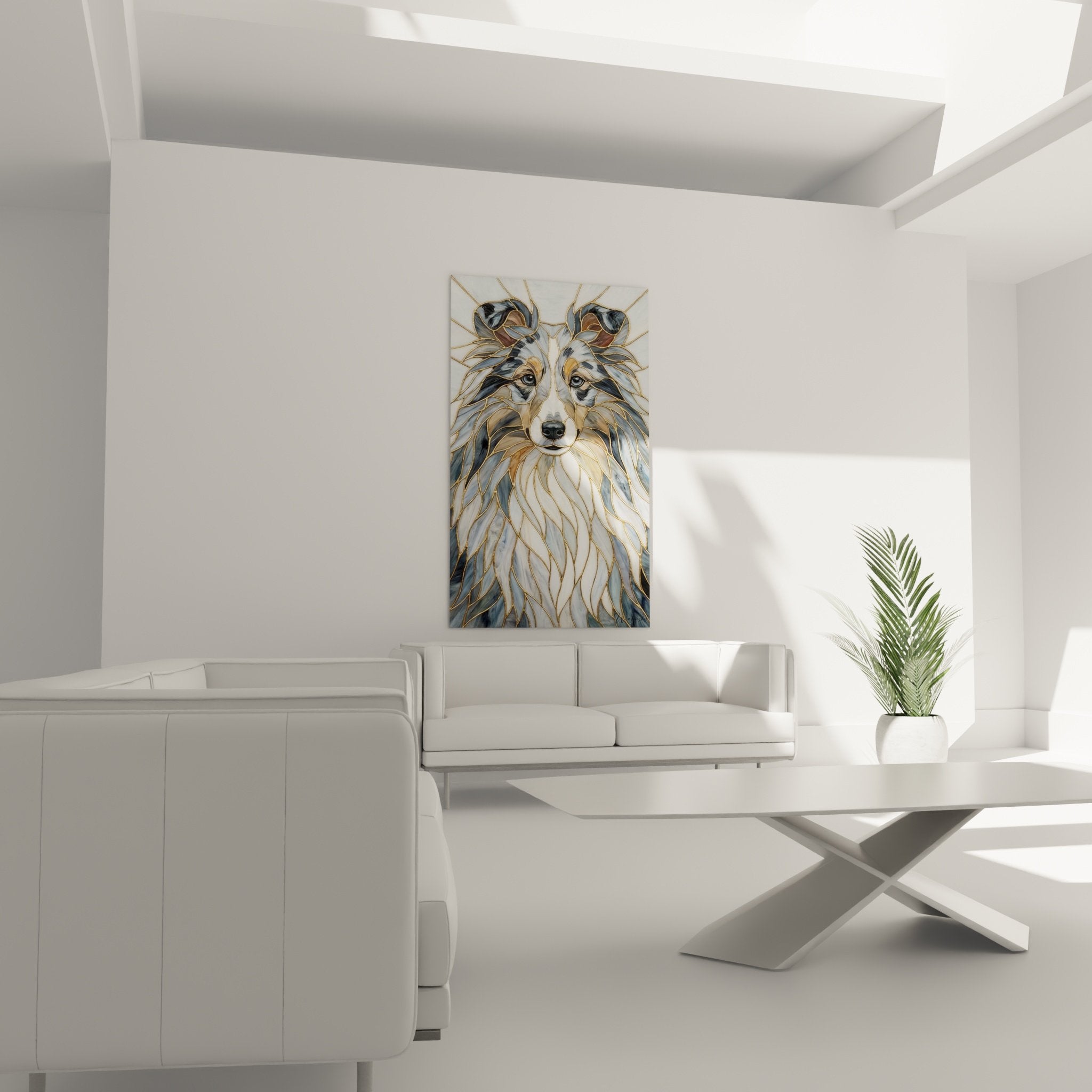 Détail tableau Berger des Shetland montrant technique lignes dorées et nuances beiges