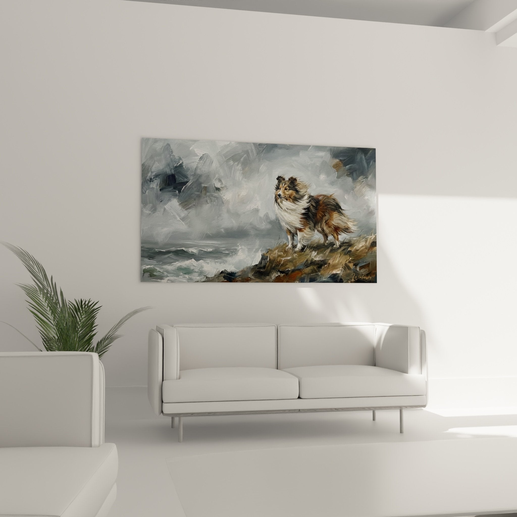 Détail peinture chien berger shetland pelage tricolore dans vent technique picturale expressionniste