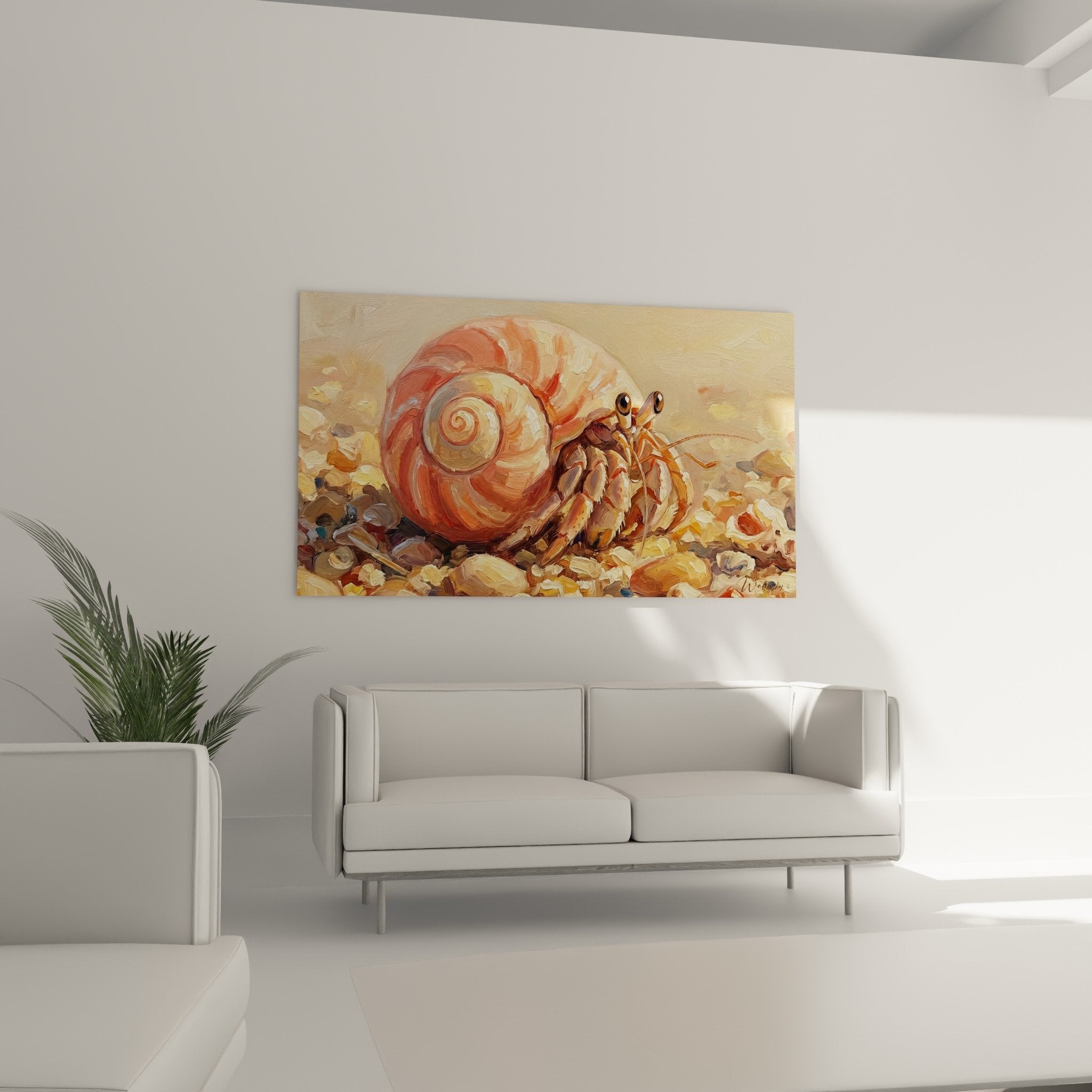 Détail bernard-l'hermite coquille spiralée corail orange texture peinture empâtement galets colorés