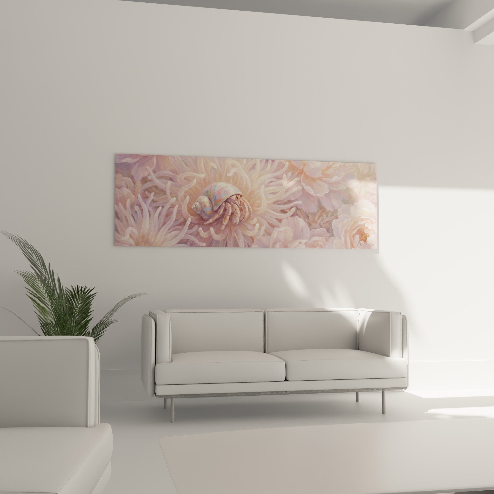 Detail Bernhard-Einsiedlerkrebs perlmuttschale Tentakel zartrosa Seeanemone zarte Meeremalerei