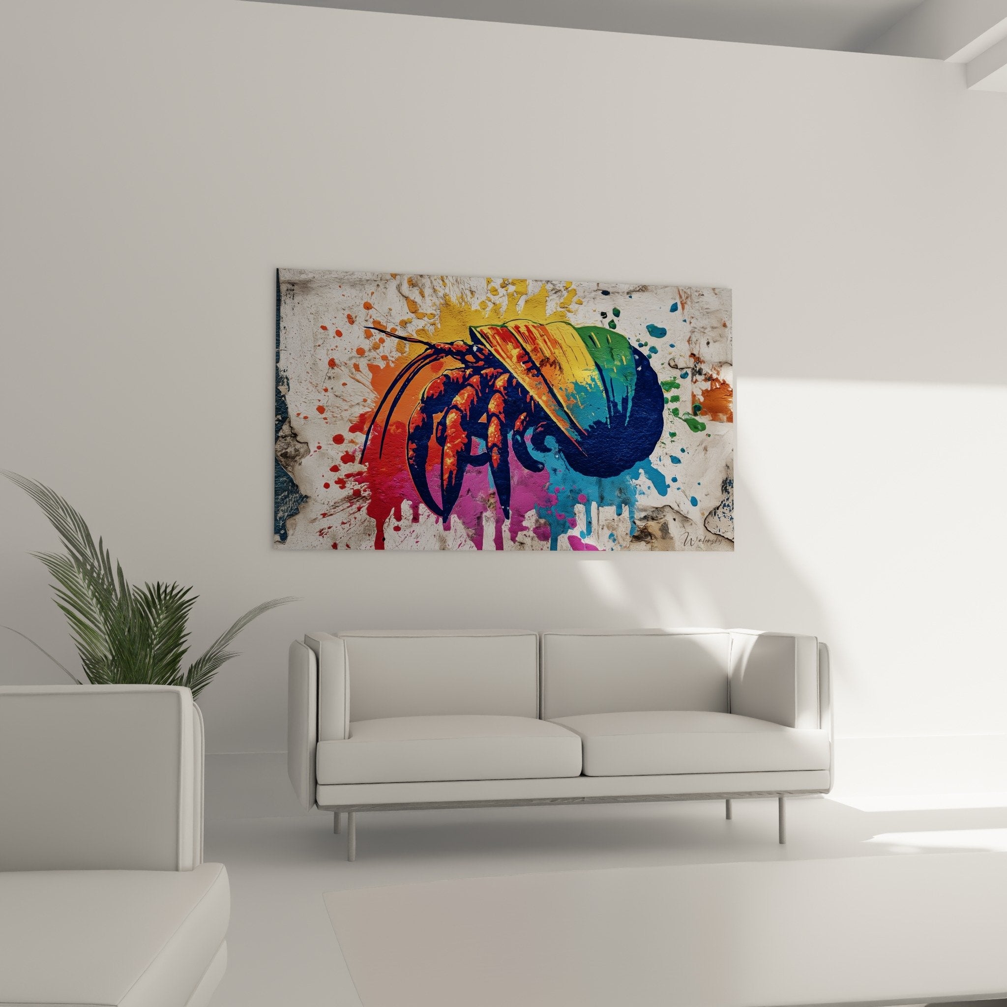 Detailaufnahme Gemälde Einsiedlerkrebs lebhafte Farben Rot Blau Spritzfarbtextur