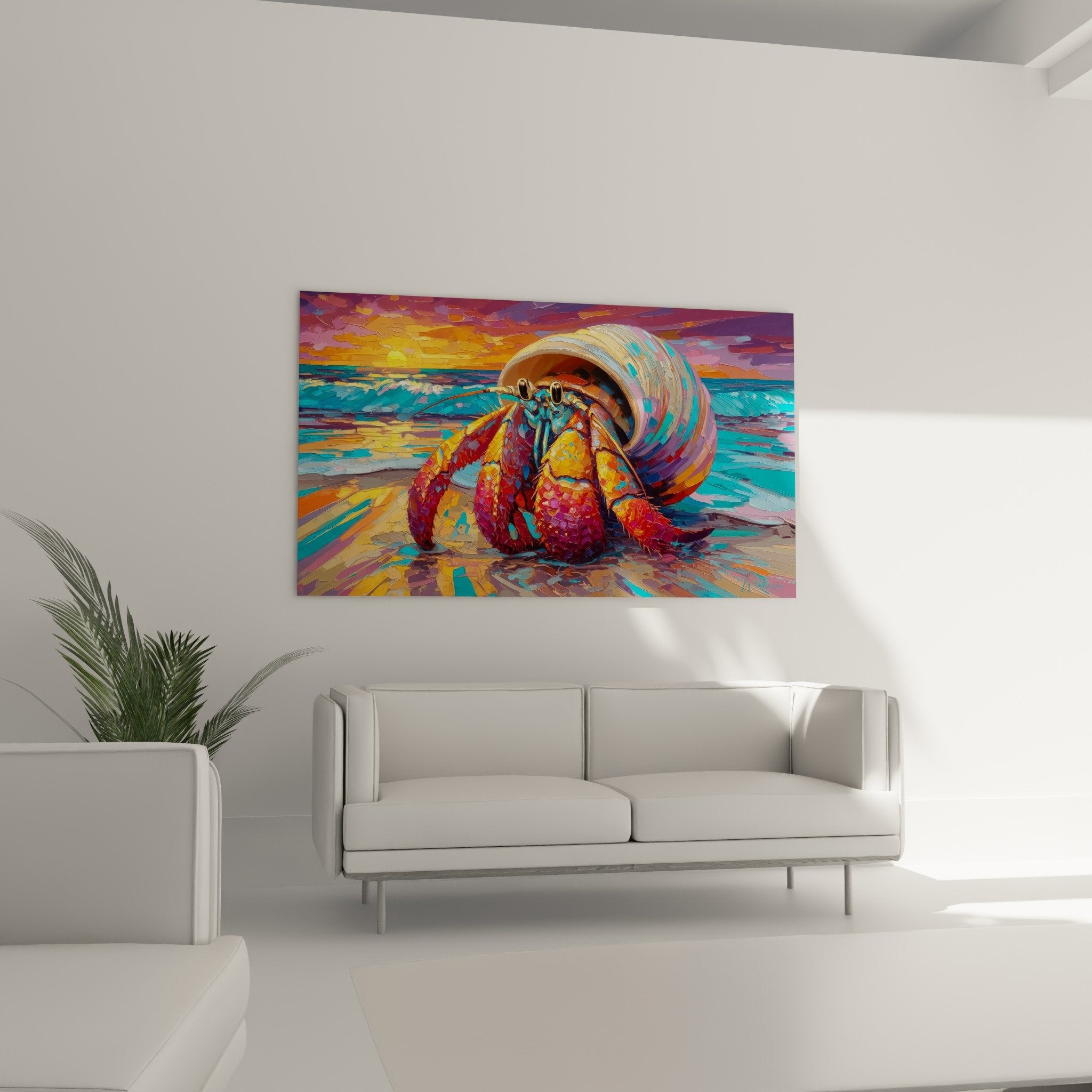 Nahaufnahmedetail Einsiedlerkrebs Gemälde lebhafte Farben Rot Orange Perlmutt-Muschel