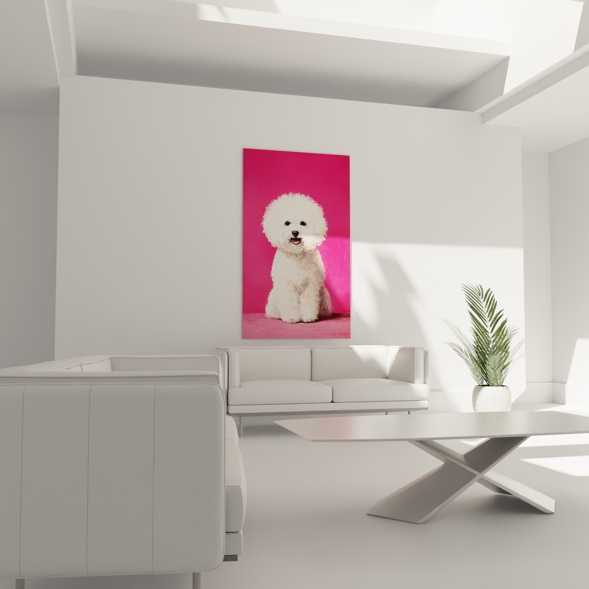 detail portrait bichon frise yeux noirs pelage blanc boucle texture peinture