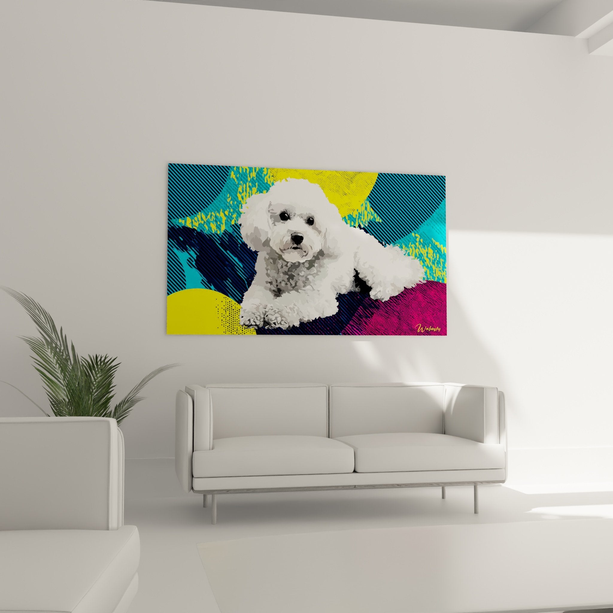 Detail rapproche tableau Bichon Frise pelage blanc boucle fond abstrait multicolore