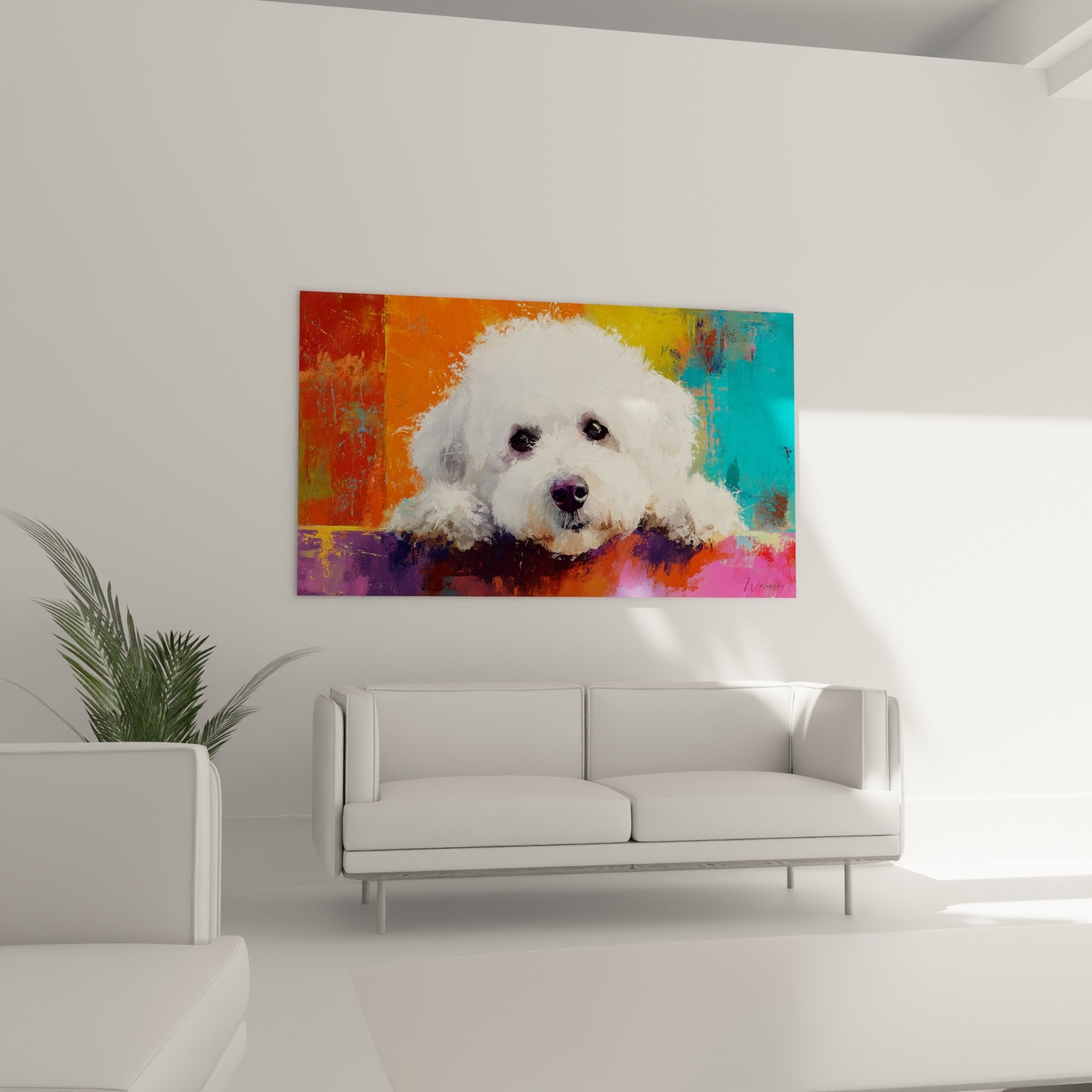 detailed portrait bichon frise black eyes curly white coat artistic painting contemporary style