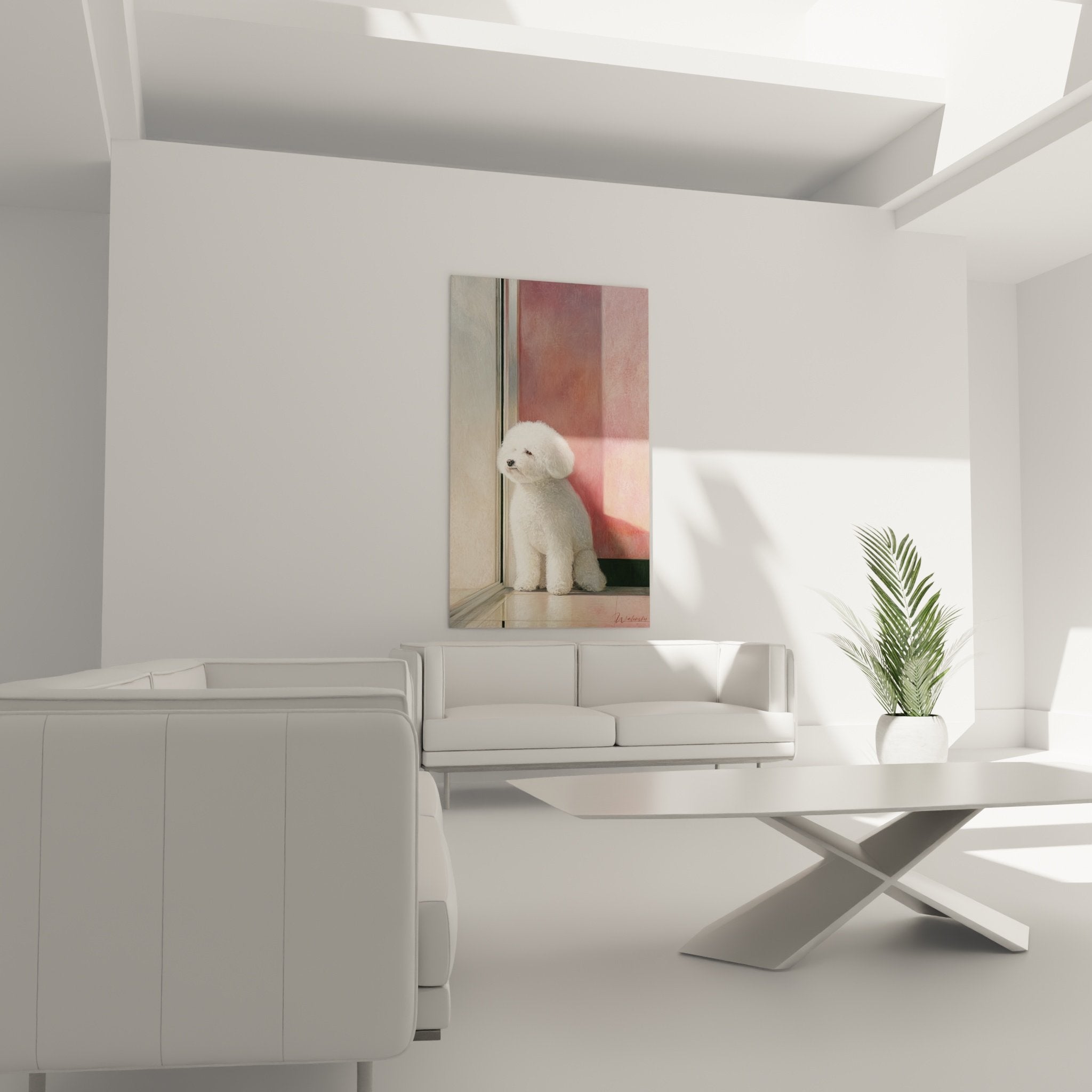 Detailaufnahme Gemälde Bichon Frisé weißes lockiges Fell rosafarbene Reflexe Glas gedämpftes Licht