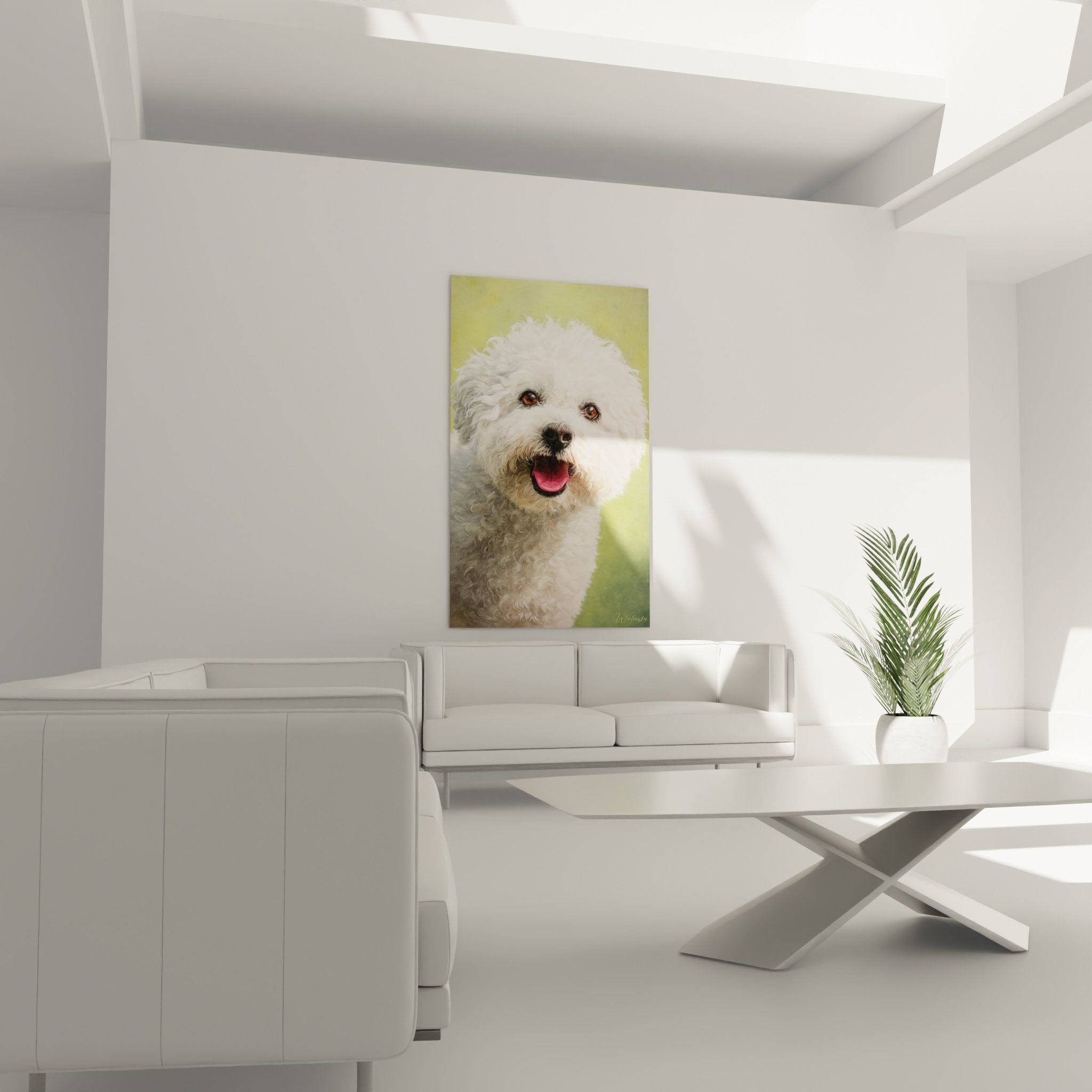 Détail portrait Bichon Frisé pelage blanc texture boucles yeux ambrés expression joyeuse art animalier
