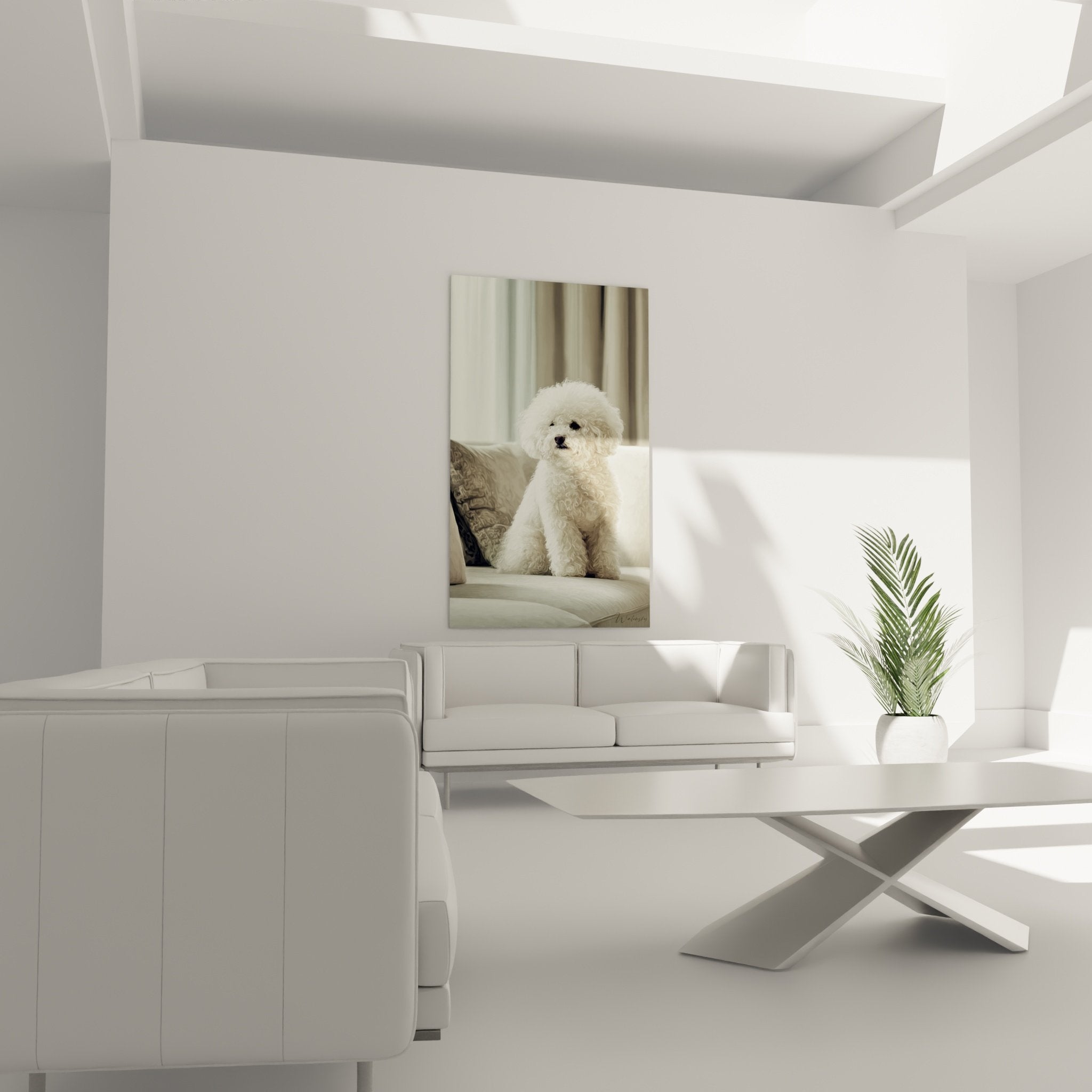 Détail tableau Bichon Frisé montrant texture pelage bouclé blanc et expression tendre du chien