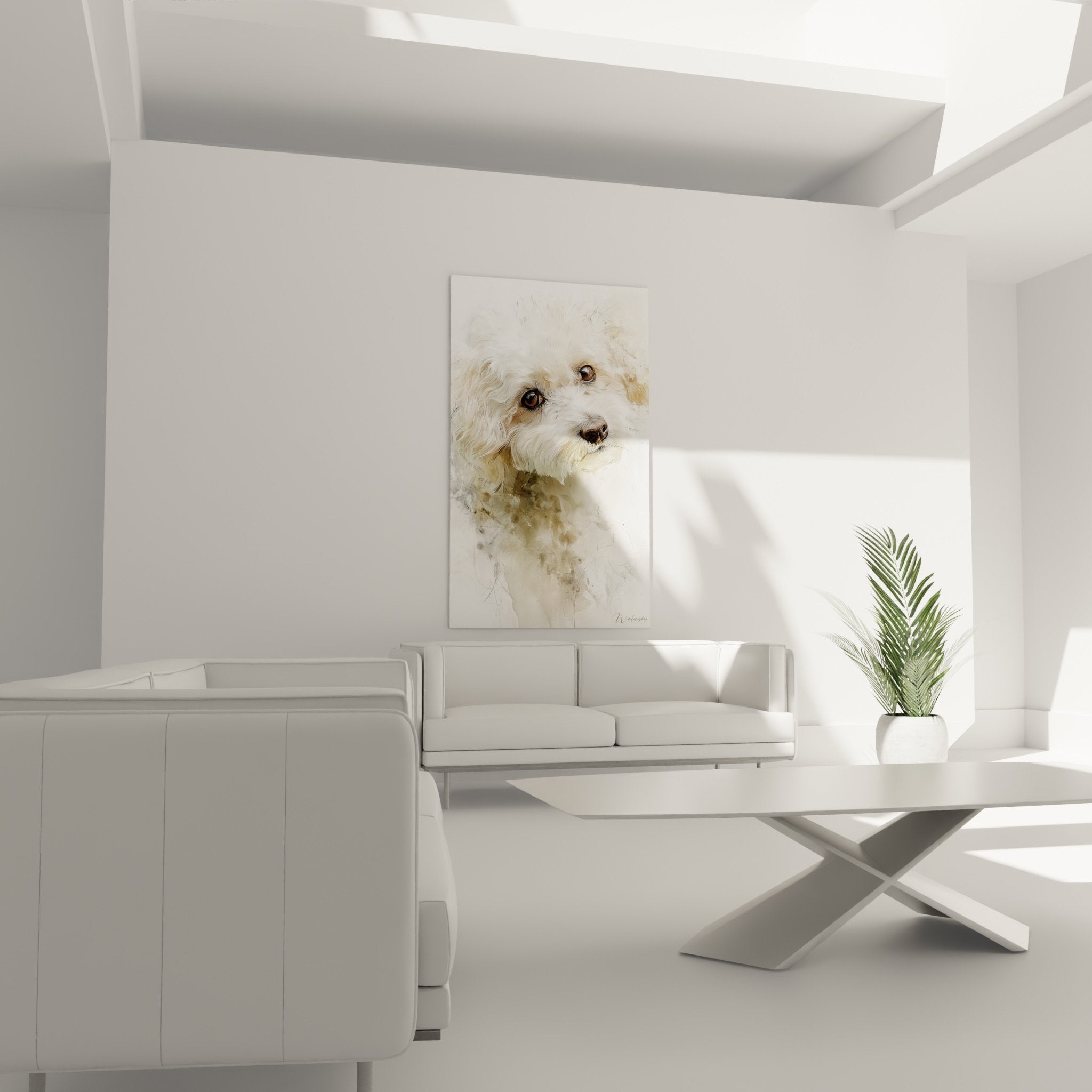 Dettaglio ritratto Bichon Frise occhi marroni espressivi tartufo nero mantello bianco texture acquerello artistico