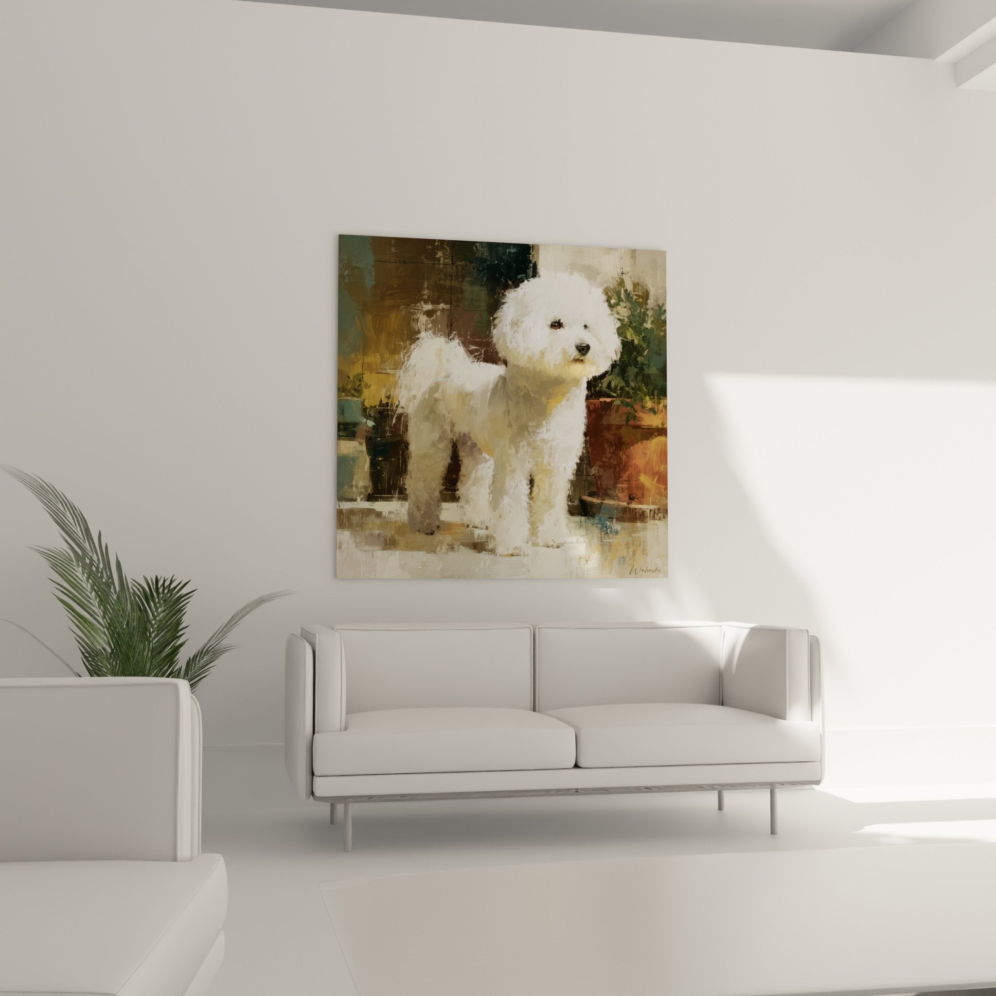 Detail tableau Bichon Frise yeux expressifs pelage blanc texture peinture empâtements tons beiges