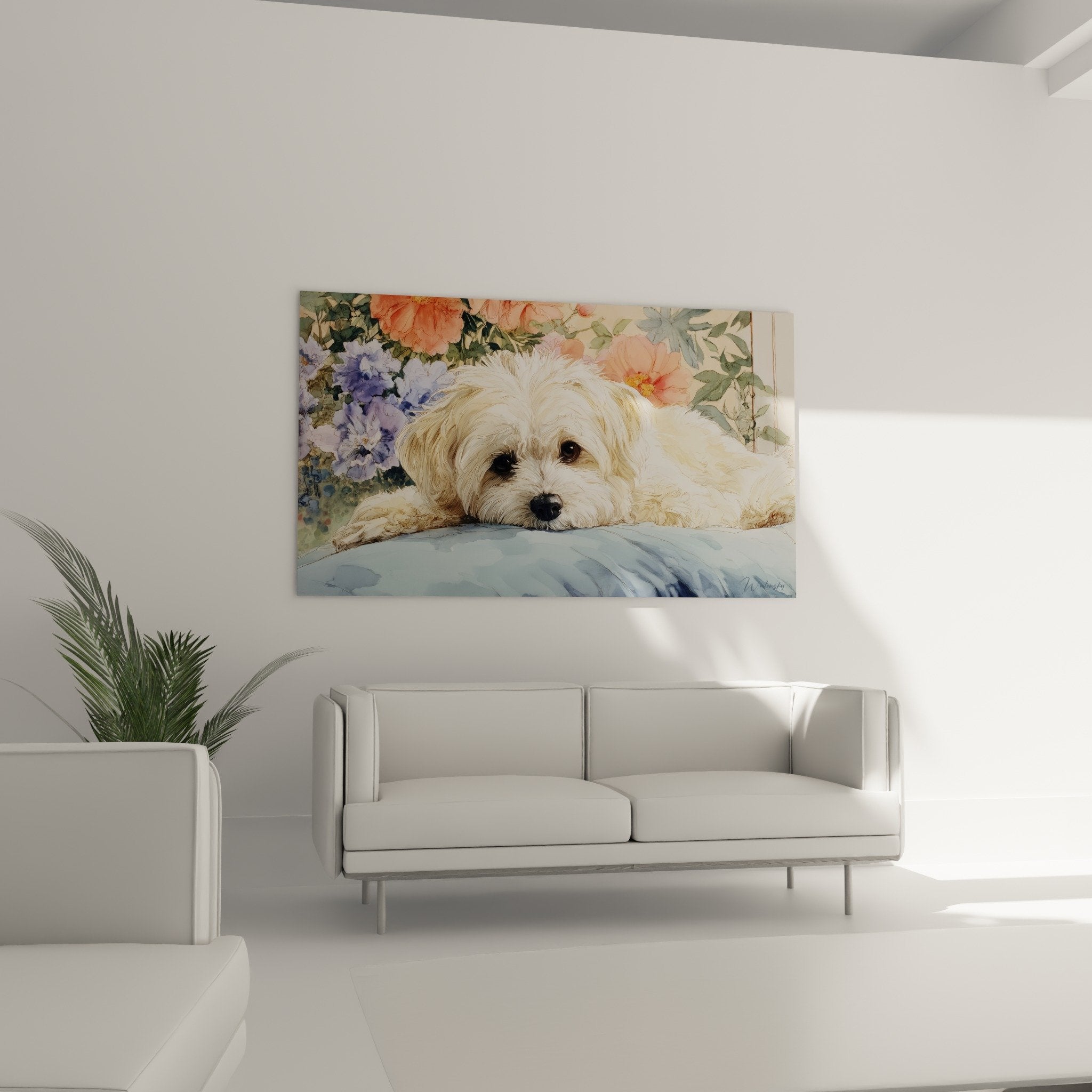 Detail aquarelle pelage creme Bichon Havanais et fleurs hortensias violets roses