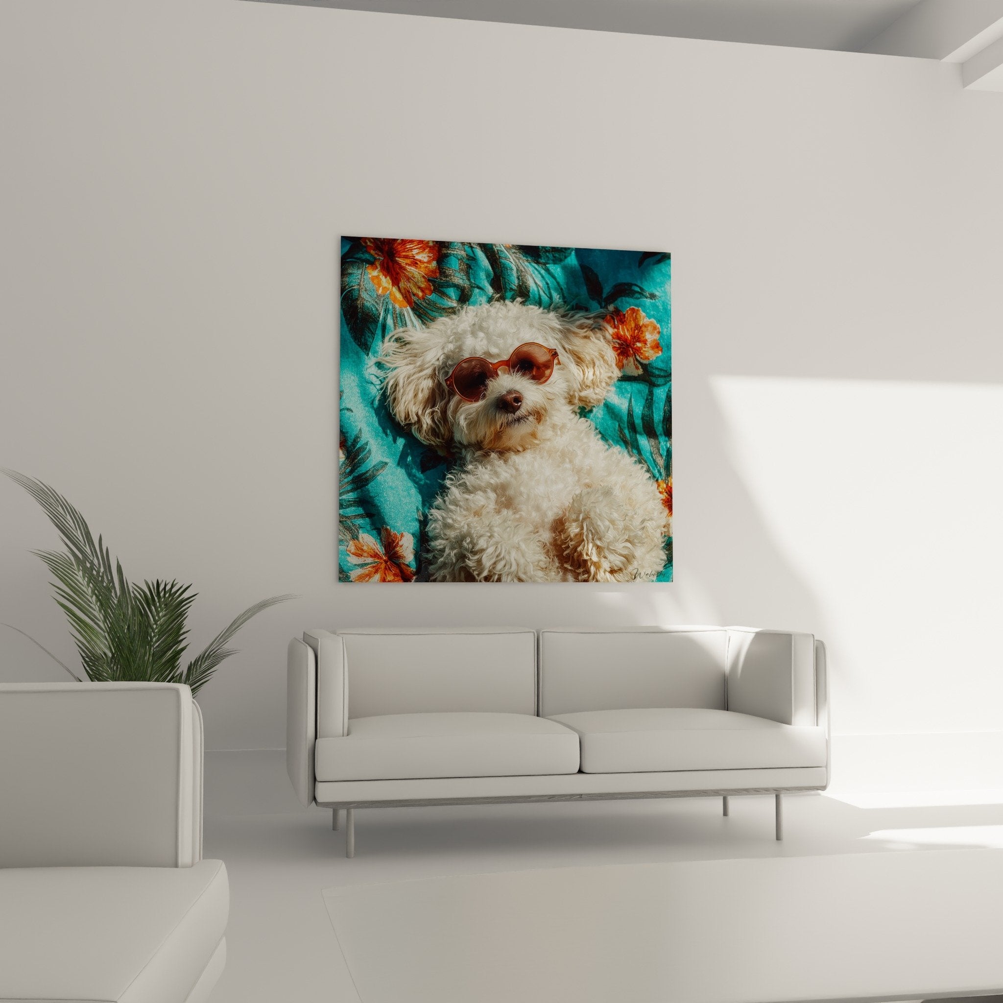 Detail painting Havanese Bichon white coat round glasses orange hibiscus tropical leaves