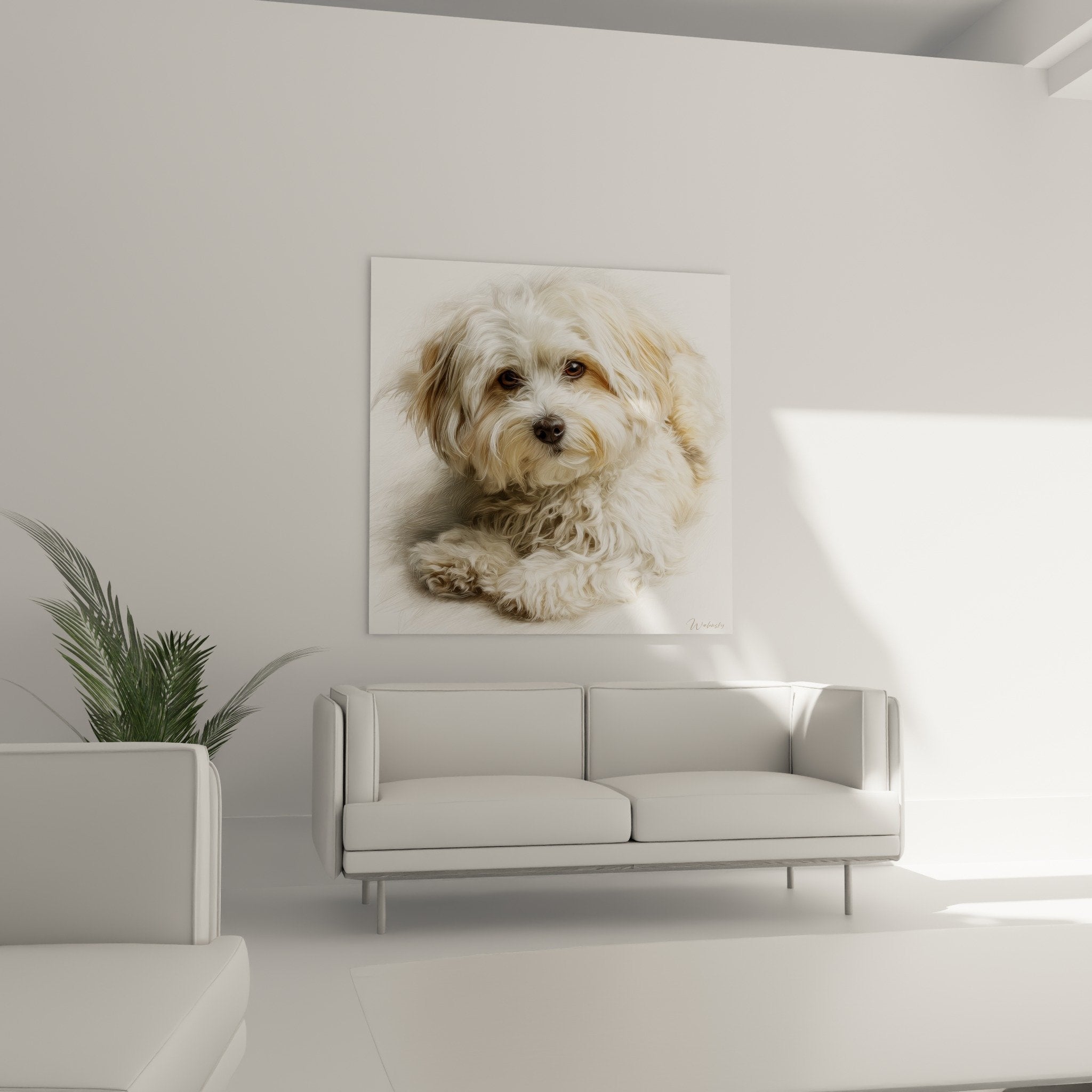 Gros plan portrait Bichon Havanais pelage soyeux blanc doré yeux expressifs truffe noire détails