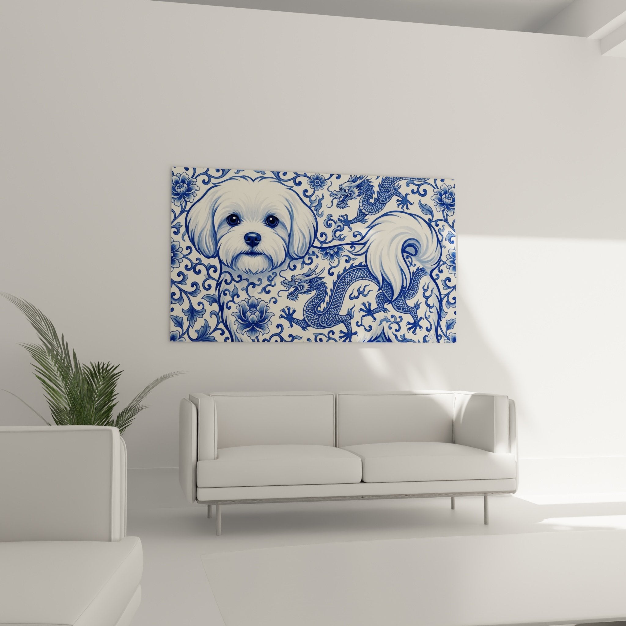 Détail tableau Bichon Maltais aux yeux tendres sur fond de motifs orientaux bleu cobalt et arabesques