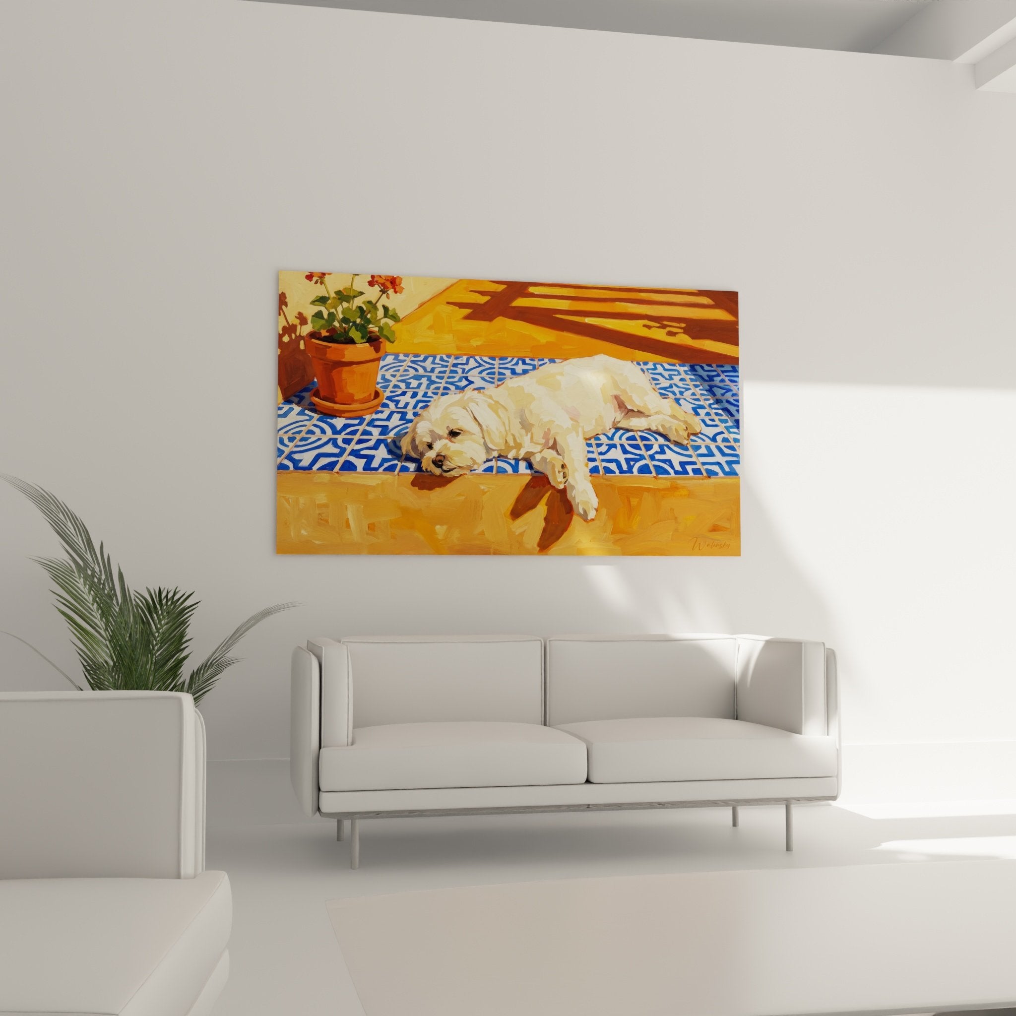 Detail pelage bichon maltais tons dores carreaux geometriques bleus blancs peinture